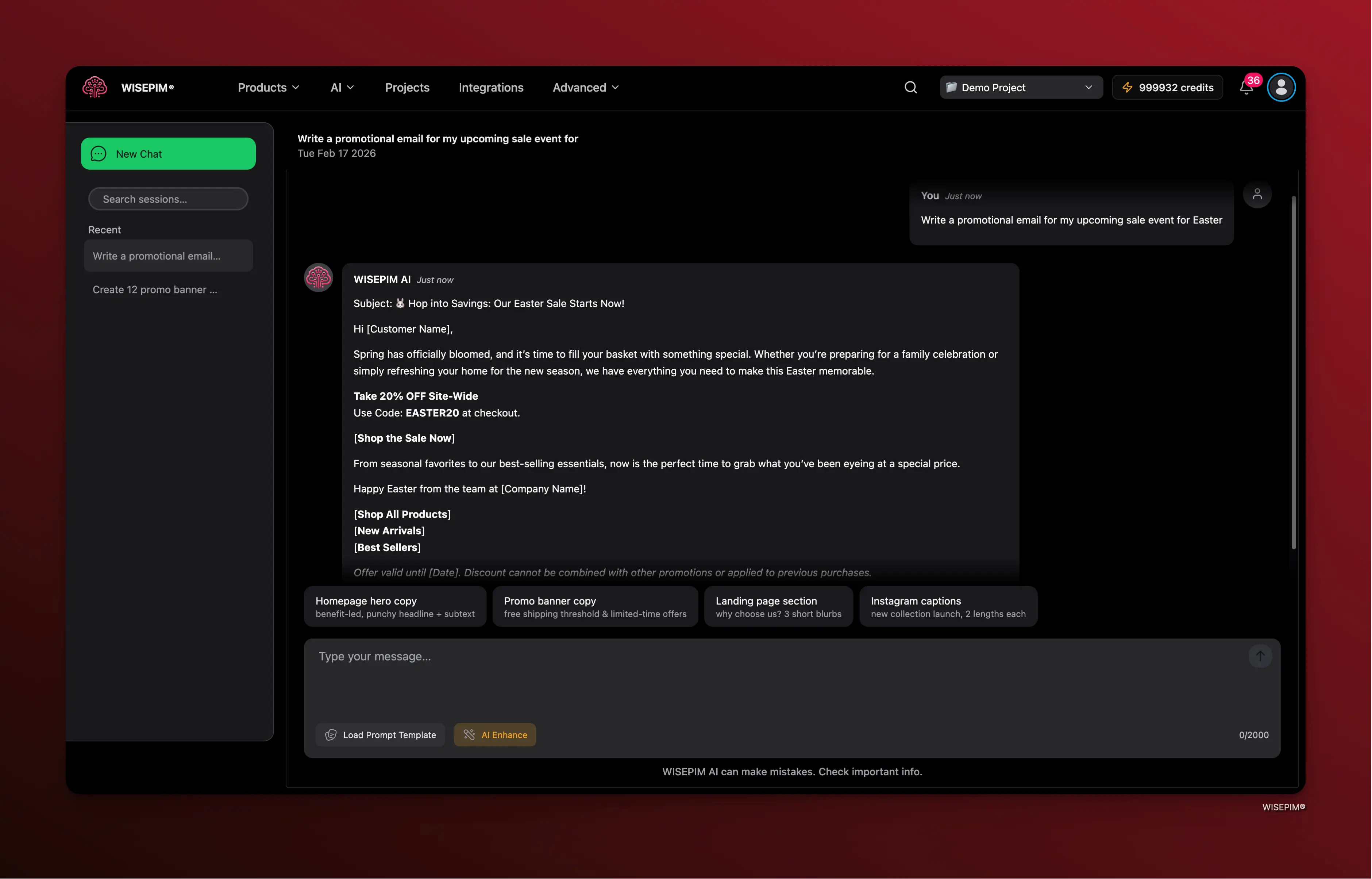 AI Chat interface showing a conversation with WISEPIM AI generating marketing content