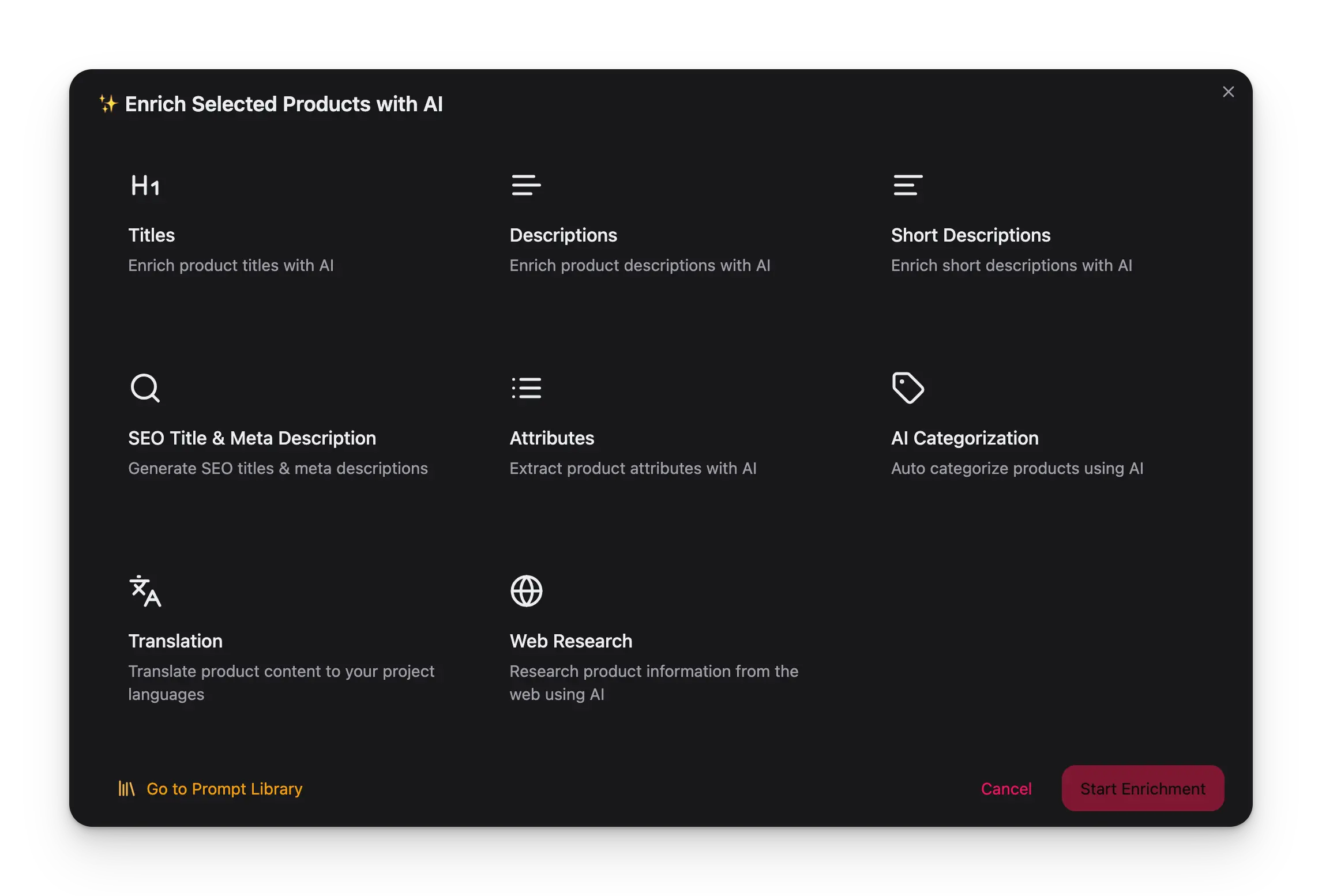 Enrich with AI modal showing Translation as one of the available enrichment actions