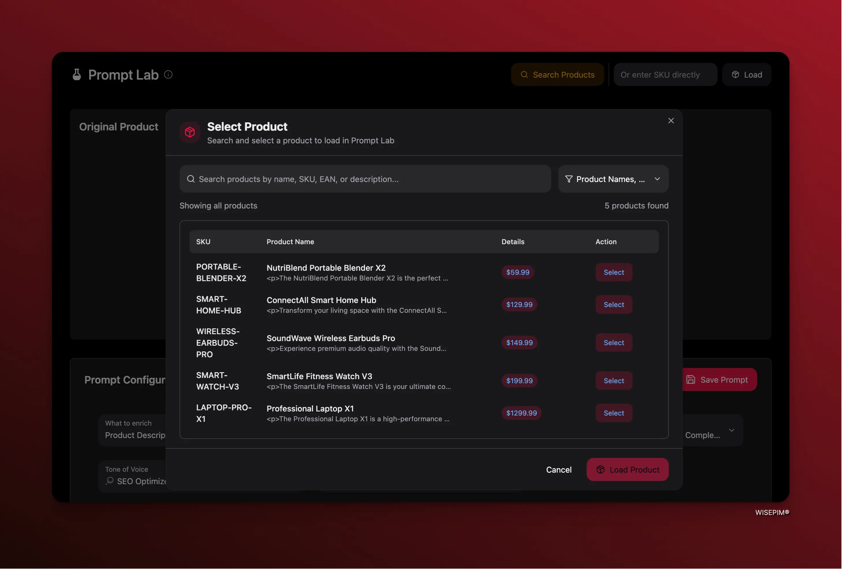 Prompt Lab product loading interface showing SKU search and product preview