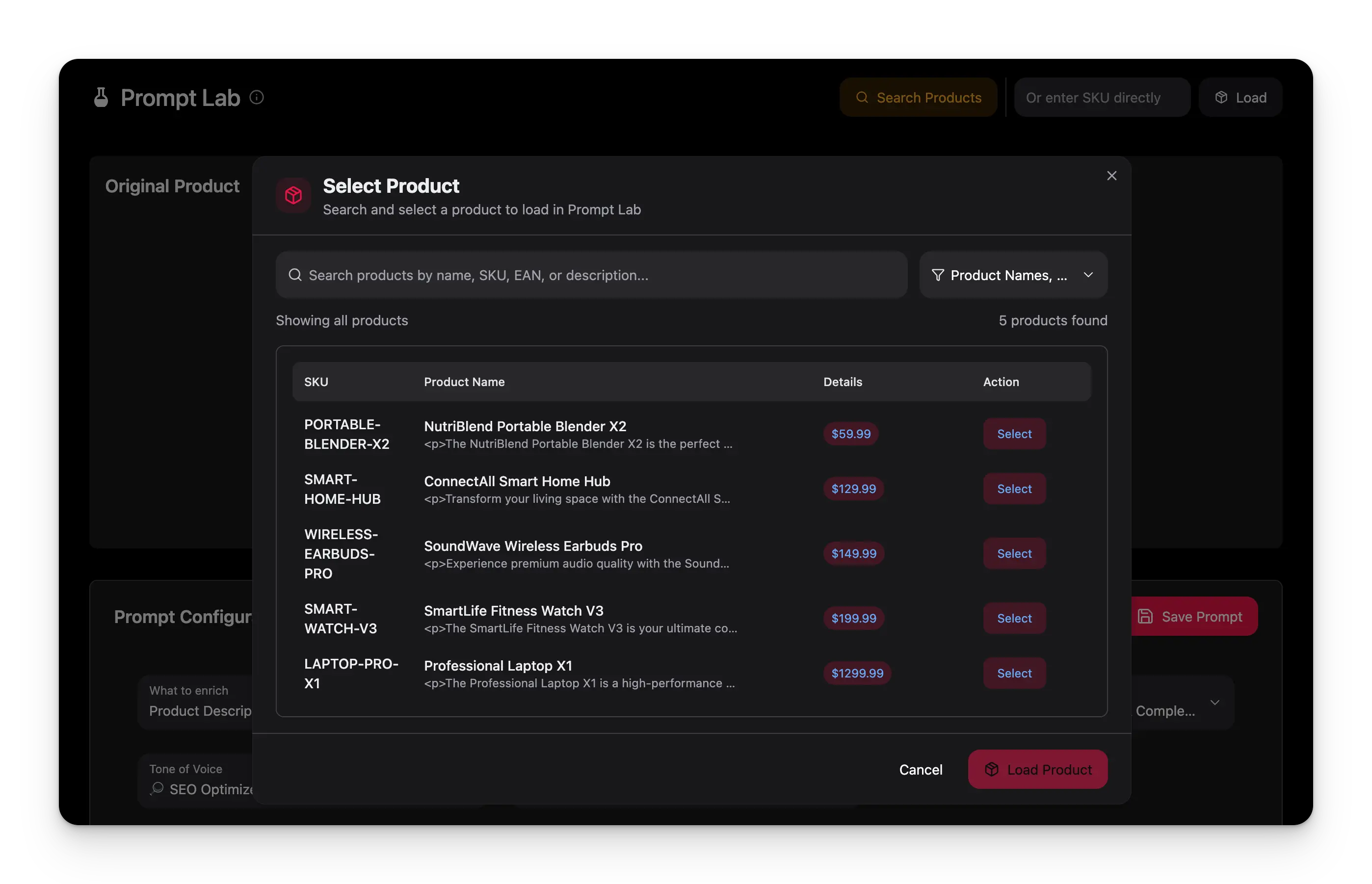 Prompt Lab load product interface showing product search and loading