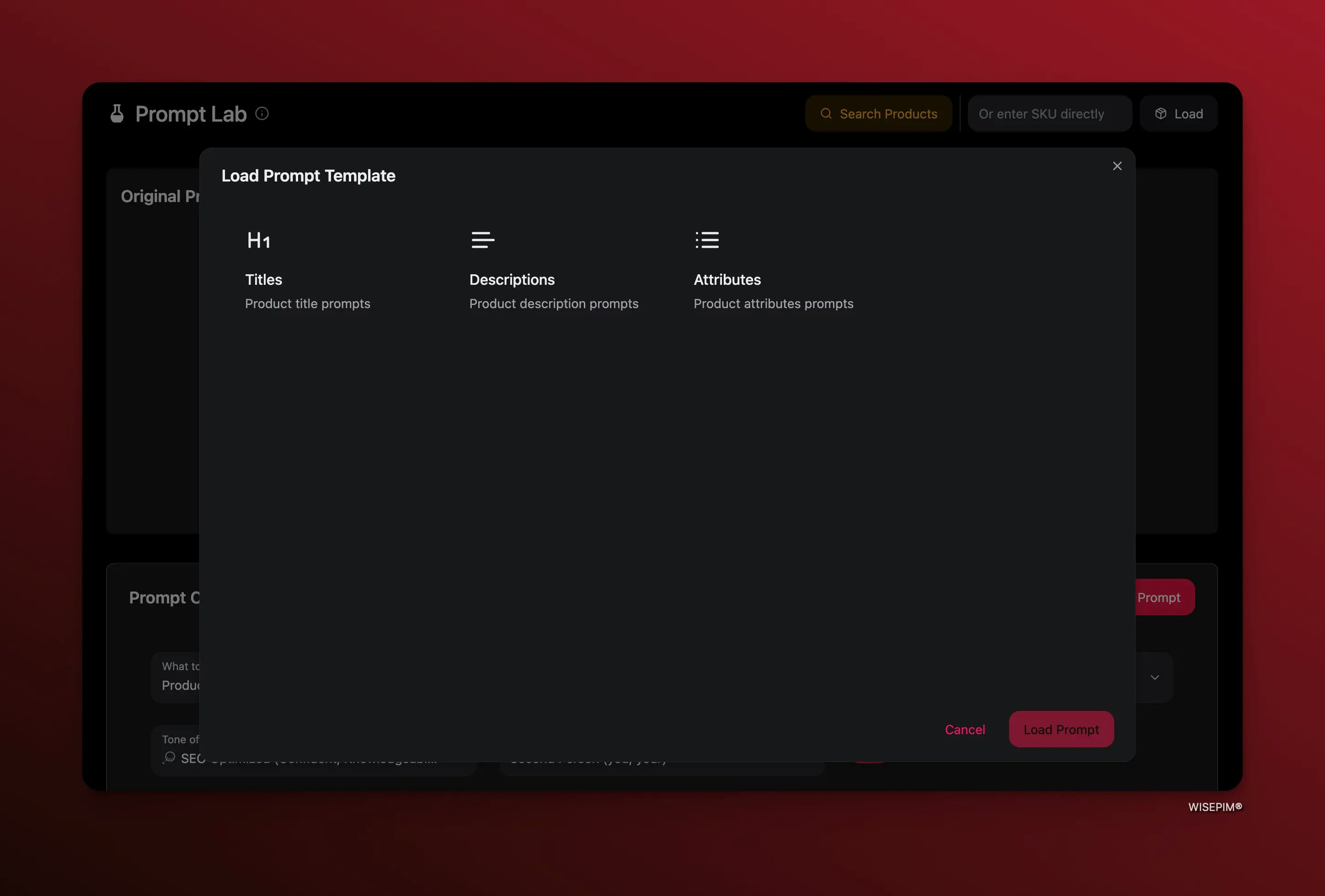 Prompt Lab load prompt modal showing available prompts from library