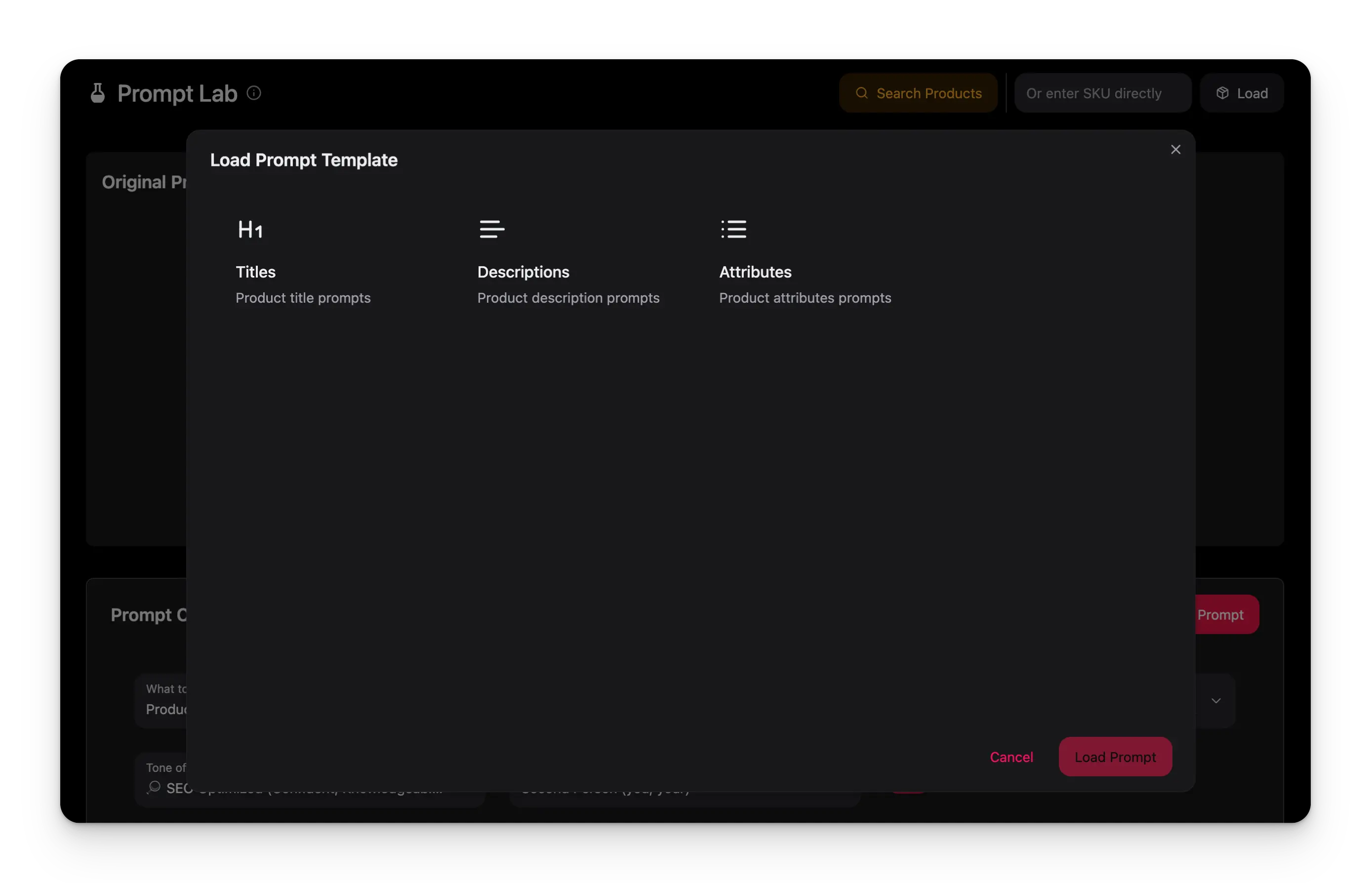 Prompt Lab showing load prompt interface with prompt configuration options