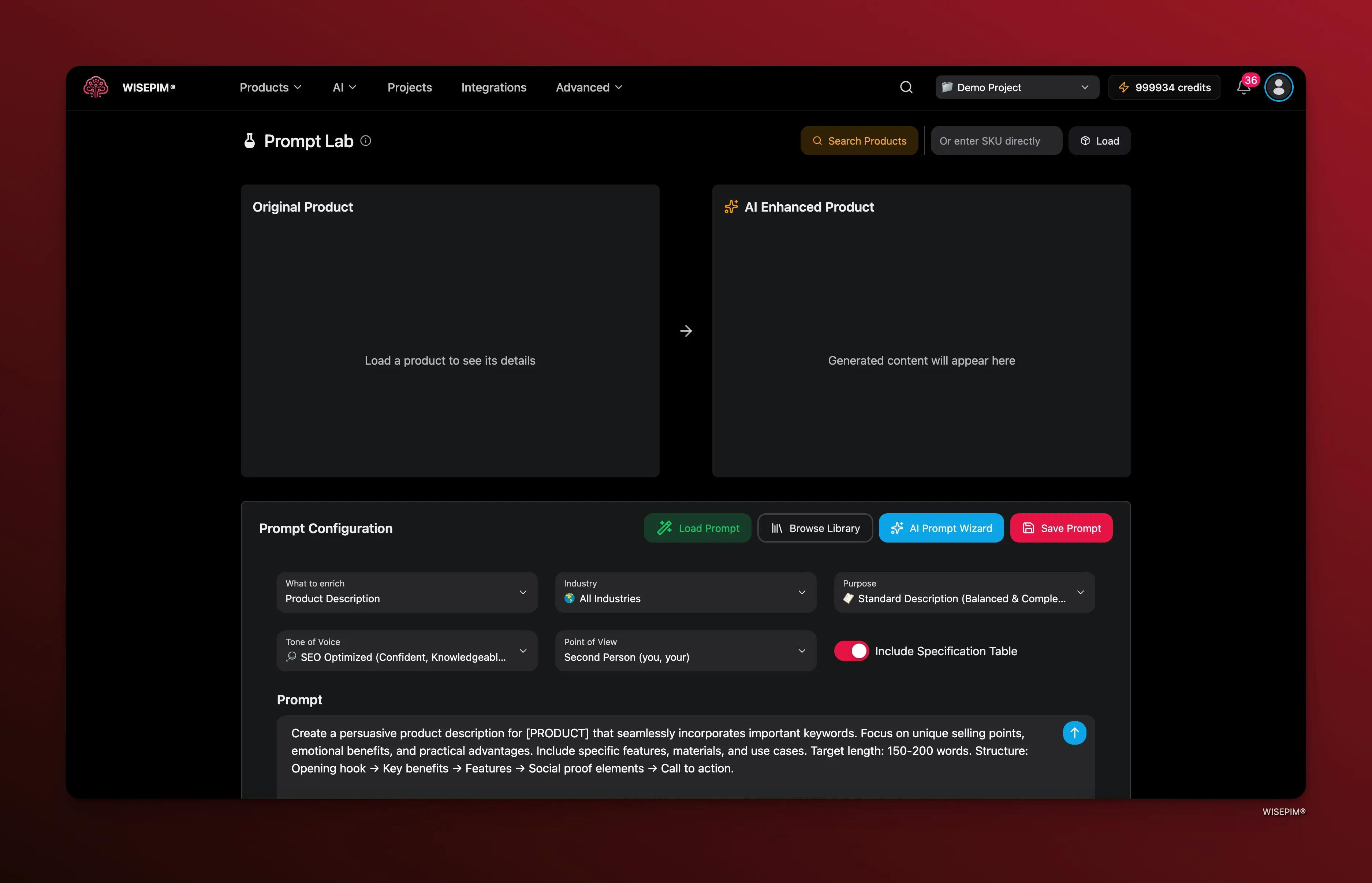 Prompt Lab interface showing the three-panel layout with original product, AI enhanced product, and prompt configuration