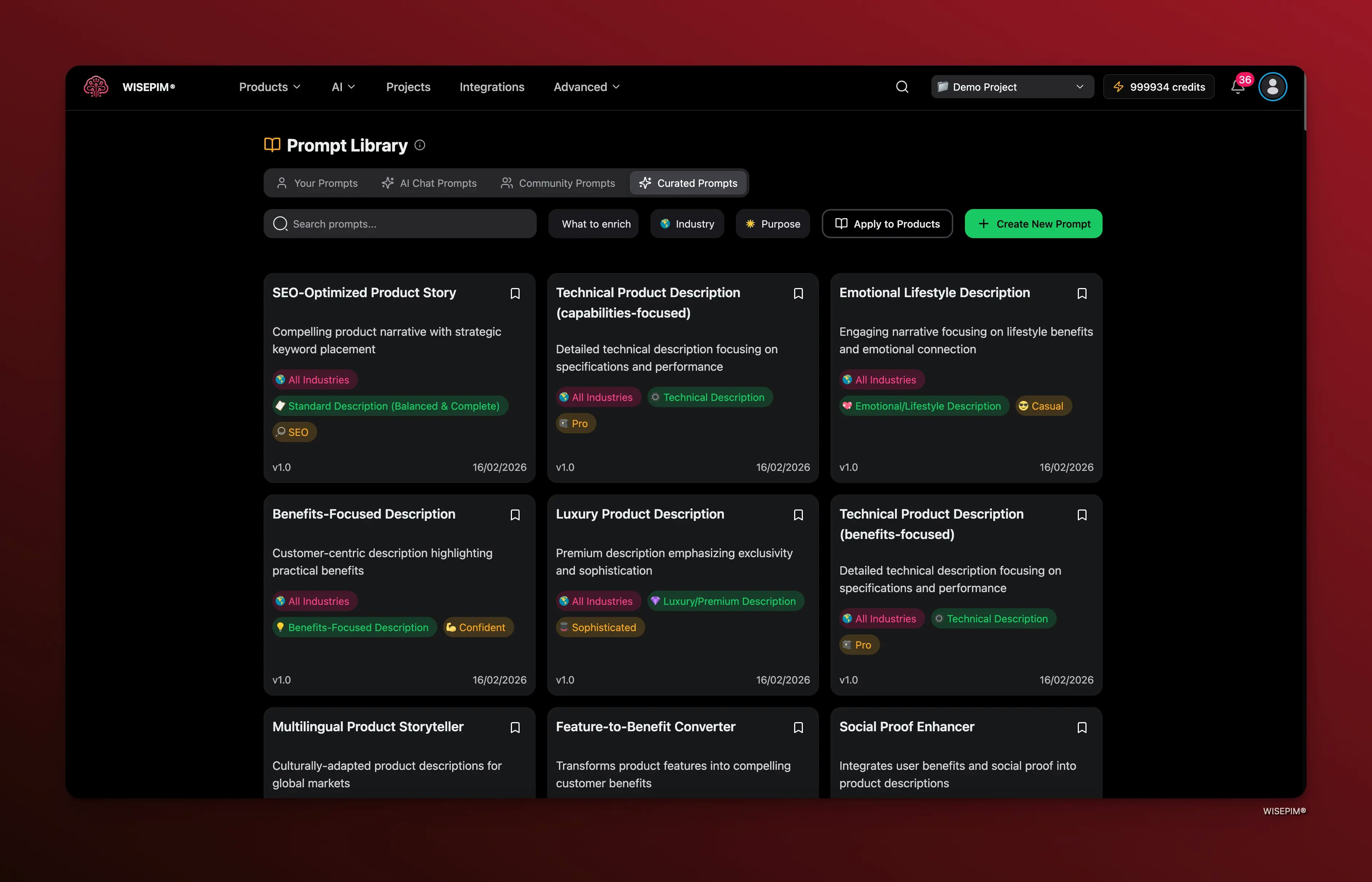 Prompt Library interface showing the three-tab layout with different prompt collections