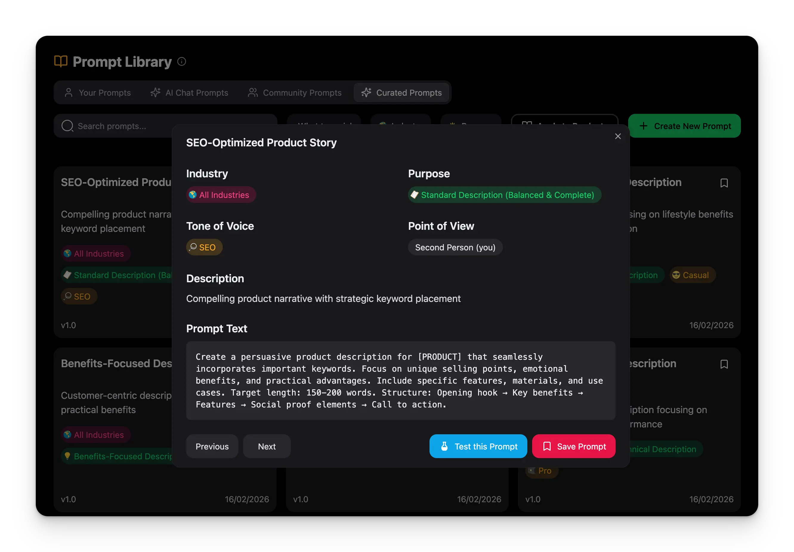 Prompt cards displaying all information elements including title, description, and metadata