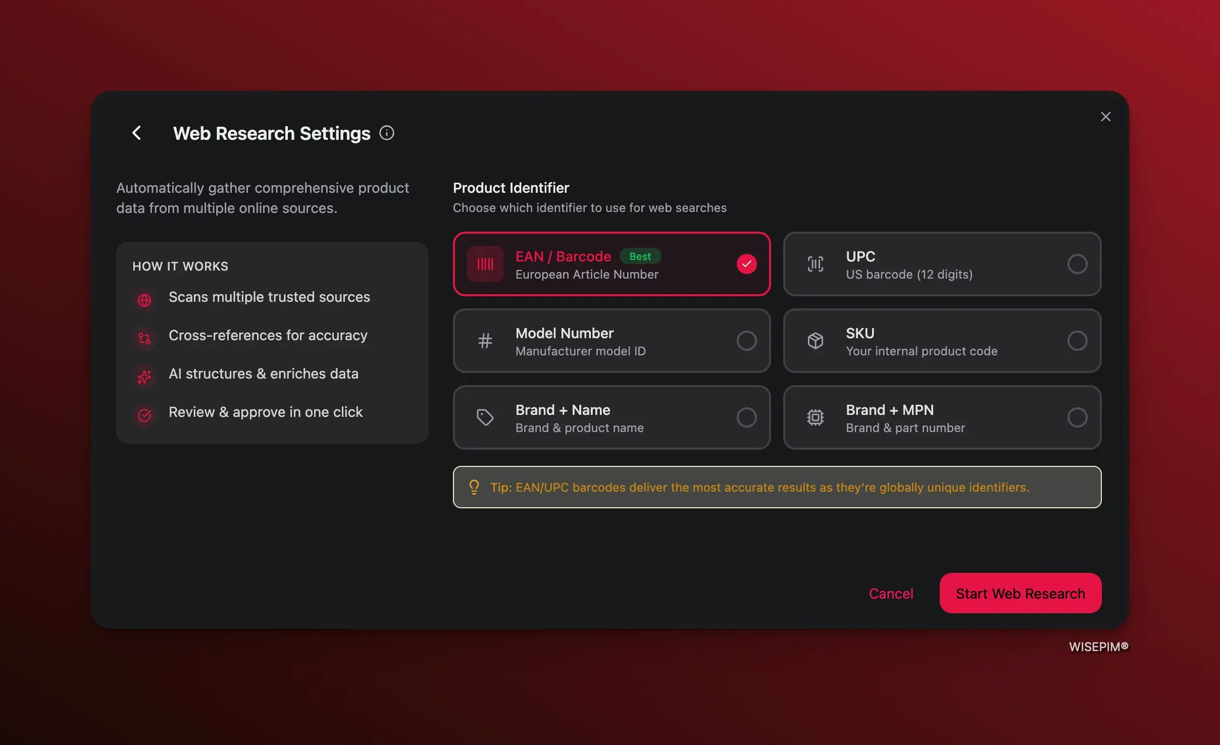 Web Research enrichment option in the Enrich with AI modal