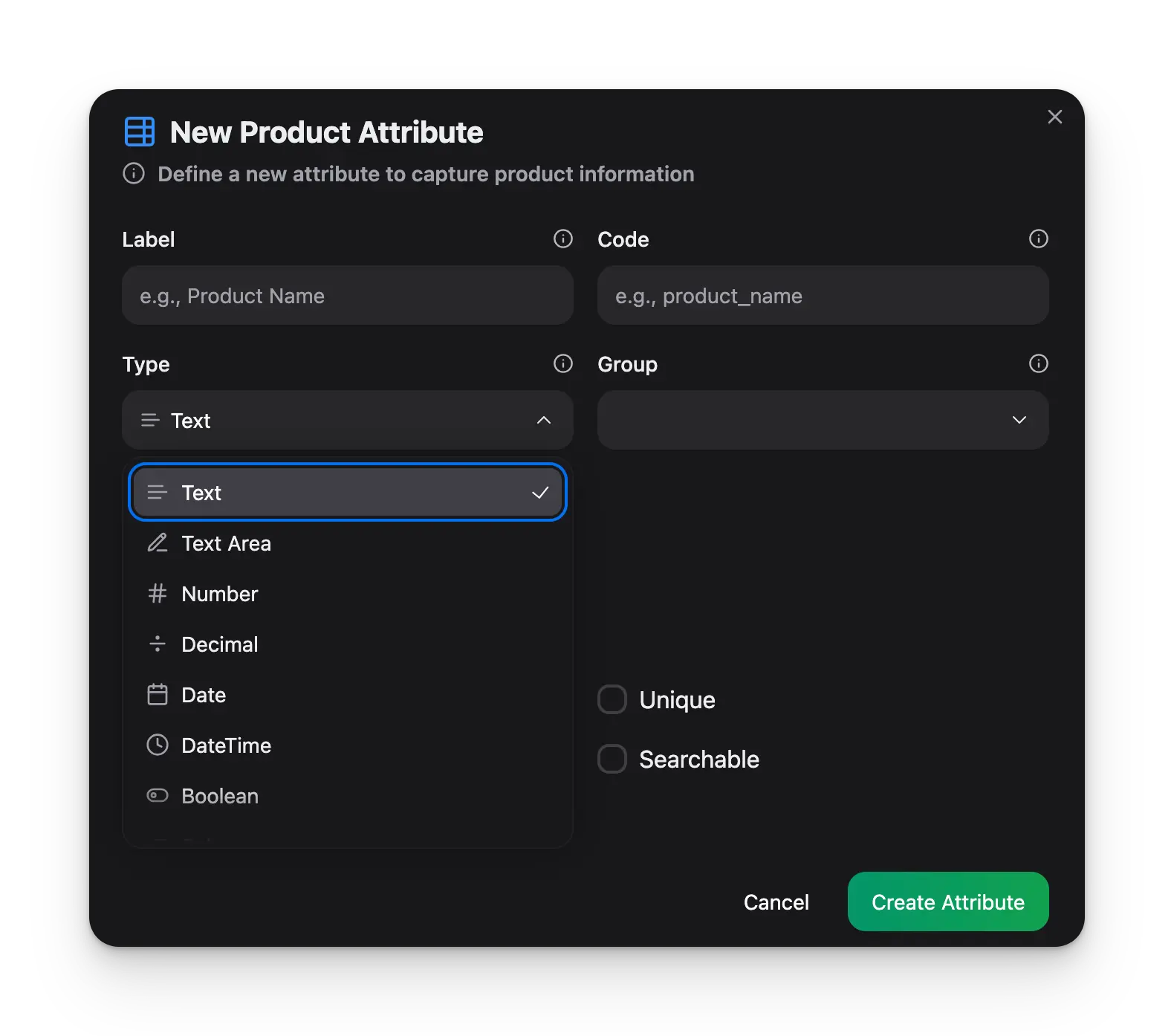 Create Attribute form showing label, code, type selection, and configuration options