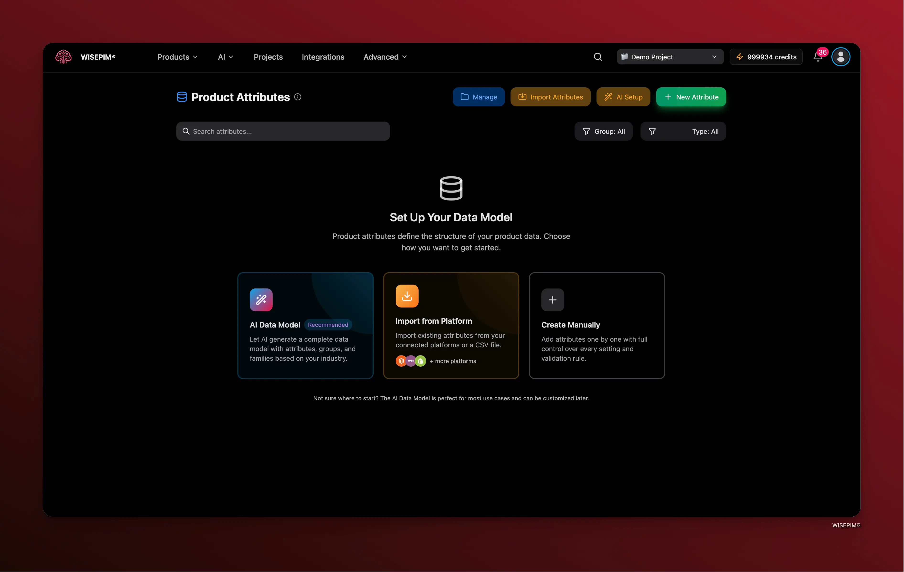 Product Attributes page showing the attributes list and management interface