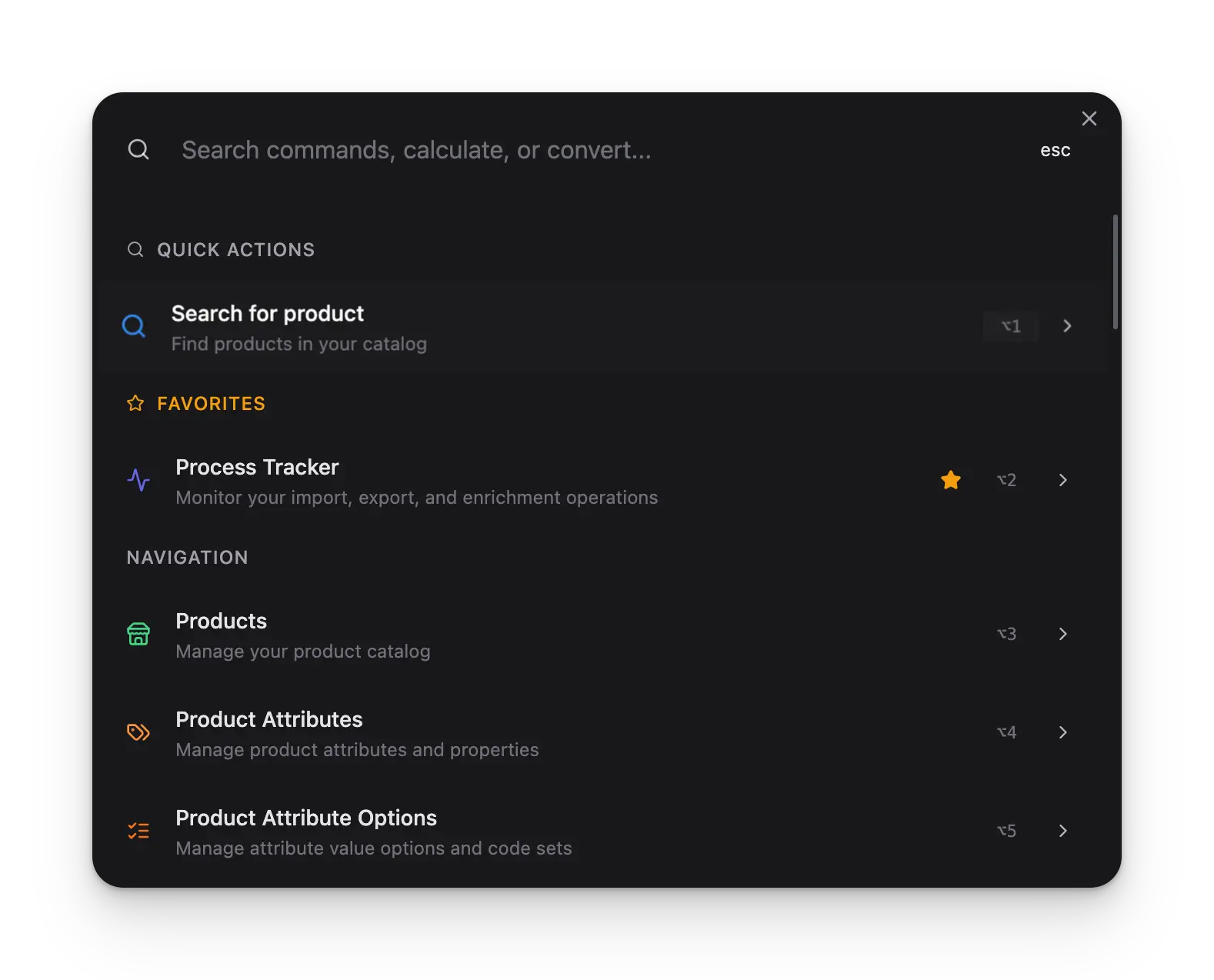 Command Menu showing quick navigation, product search, and calculator features