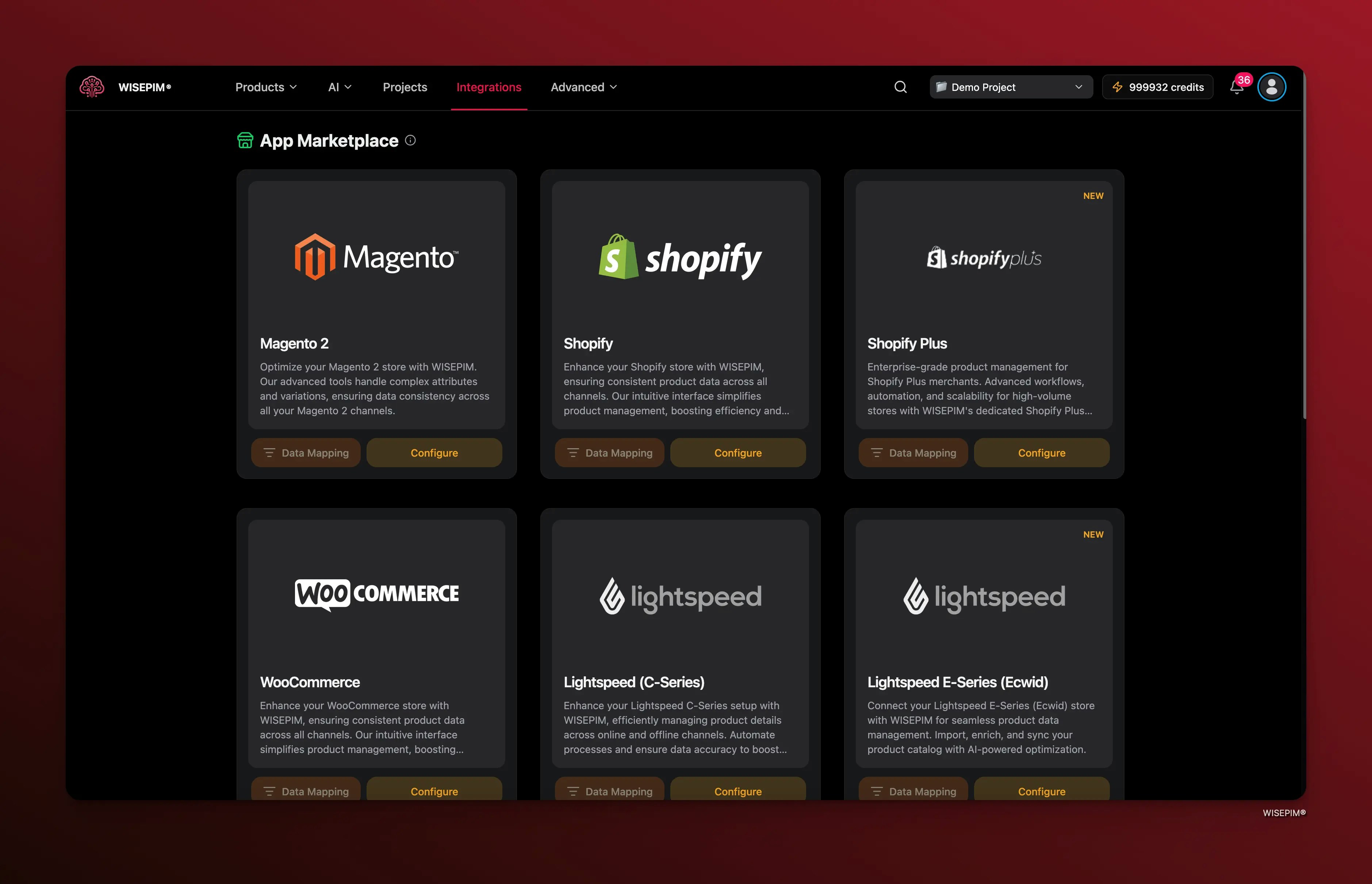 Integrations page showing platform configuration options and marketplace