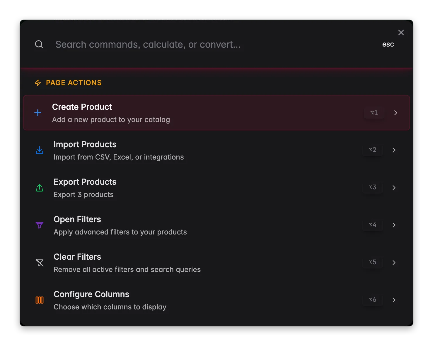 WISEPIM command menu (⌘K) with context-aware page actions for the products view
