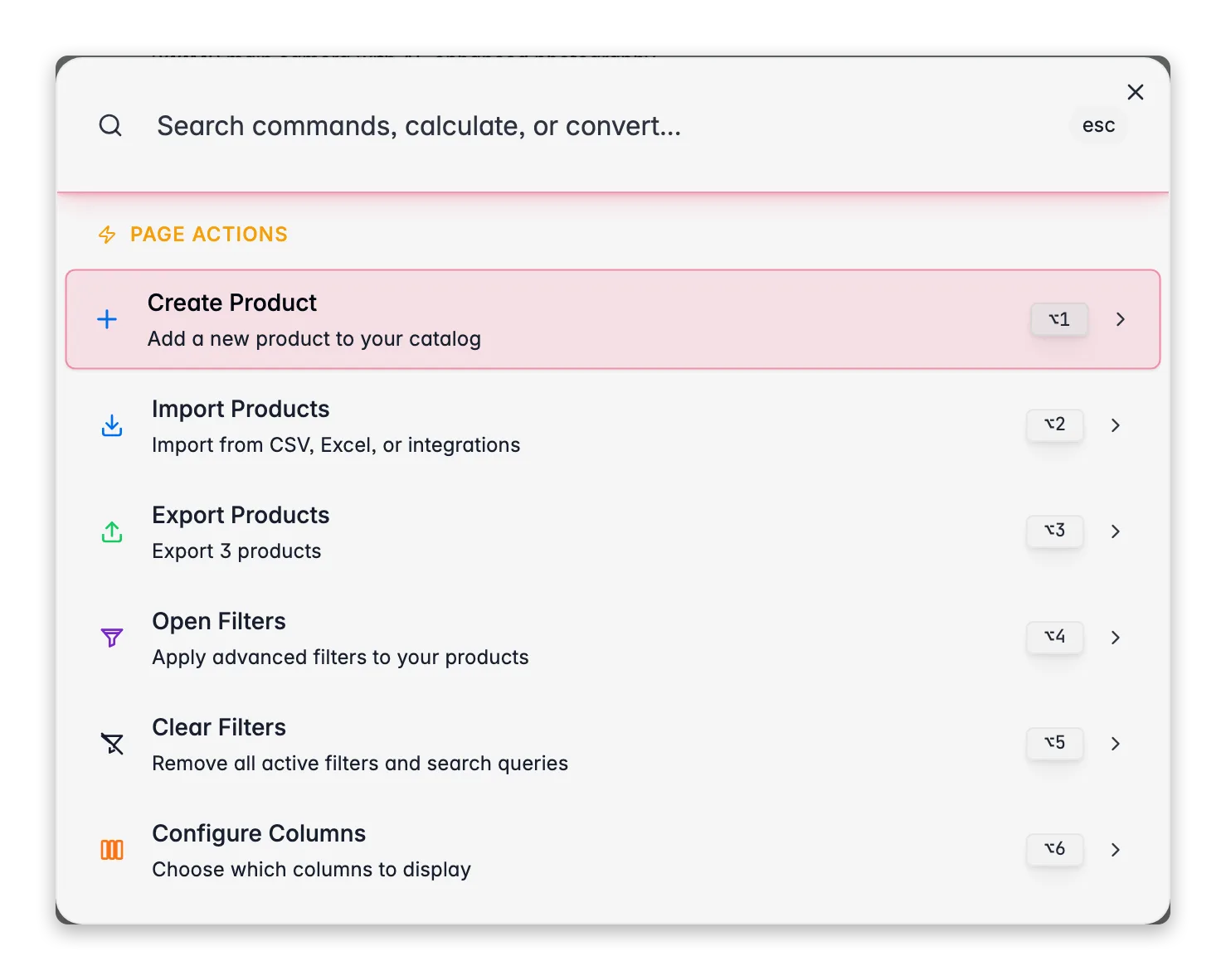 WISEPIM command menu (⌘K) with context-aware page actions for the products view