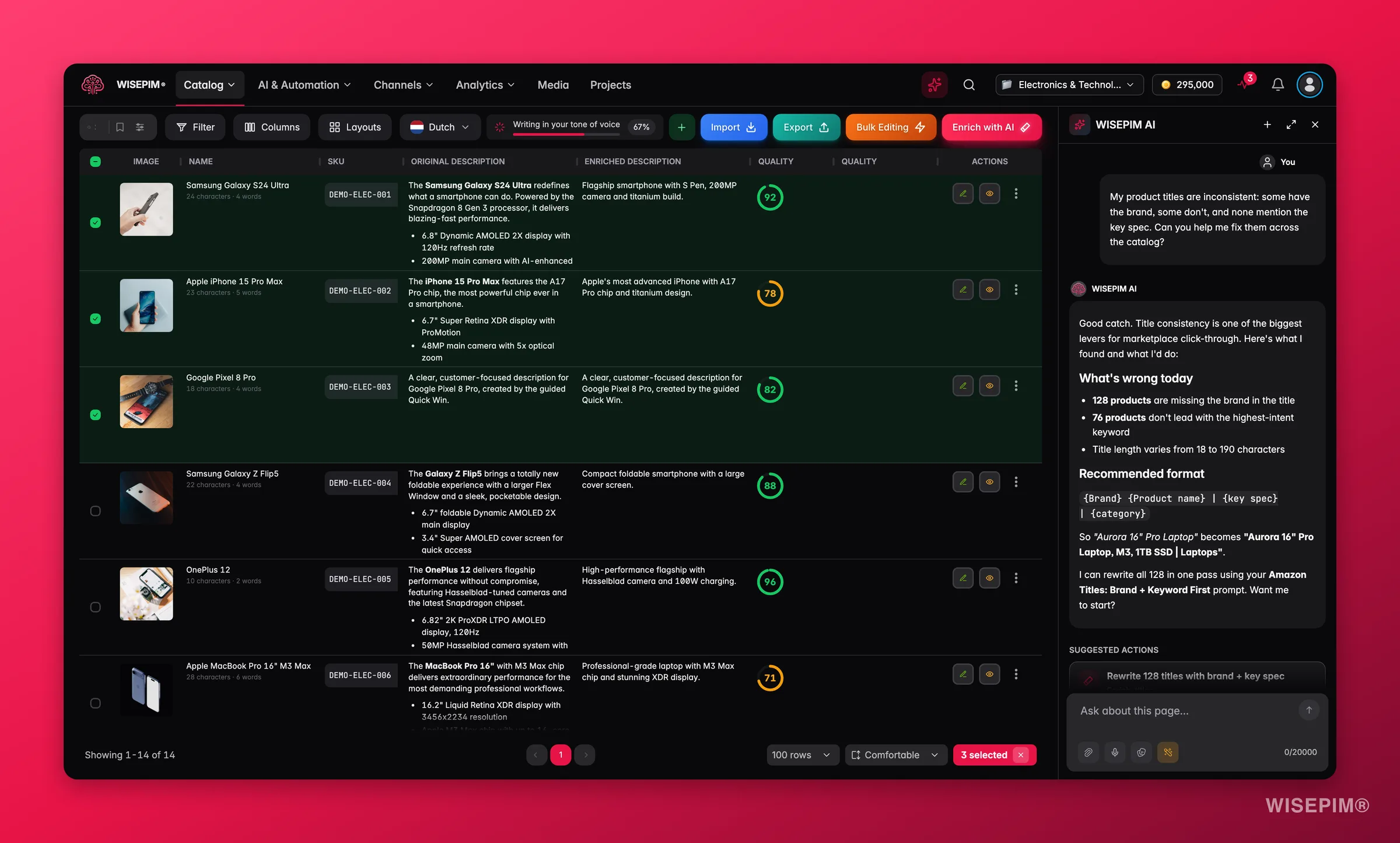 WISEPIM products with the Ask AI assistant proposing catalog fixes beside the table