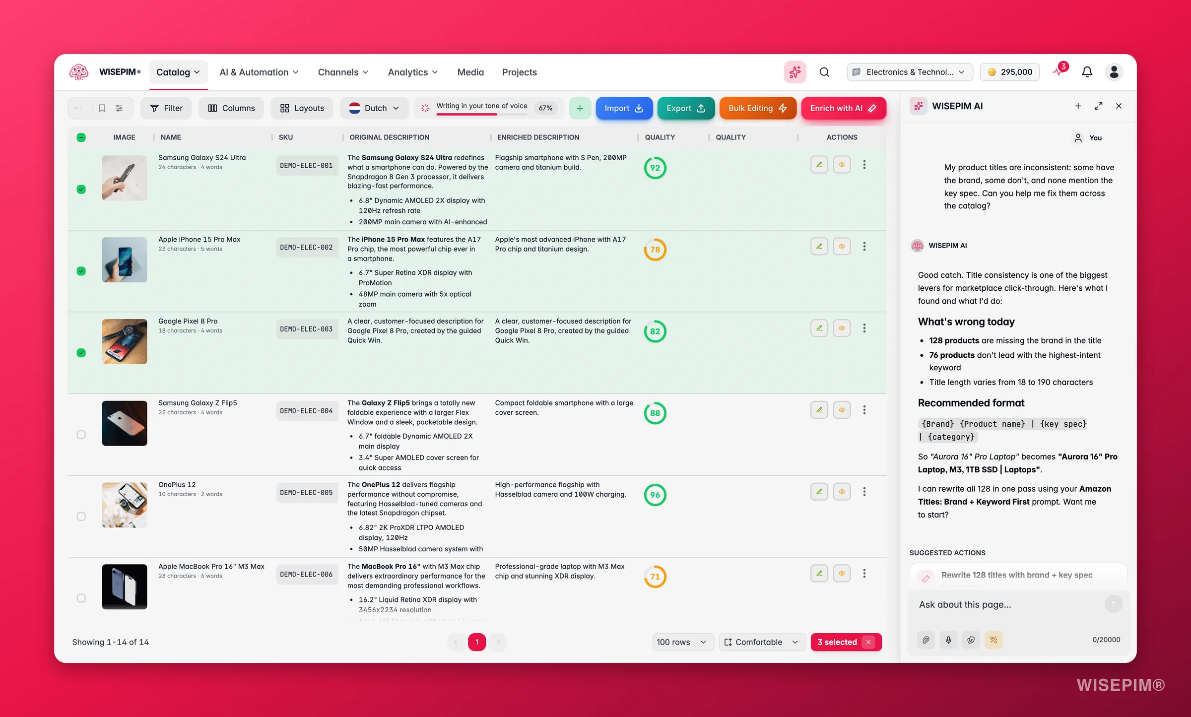WISEPIM products with the Ask AI assistant proposing catalog fixes beside the table