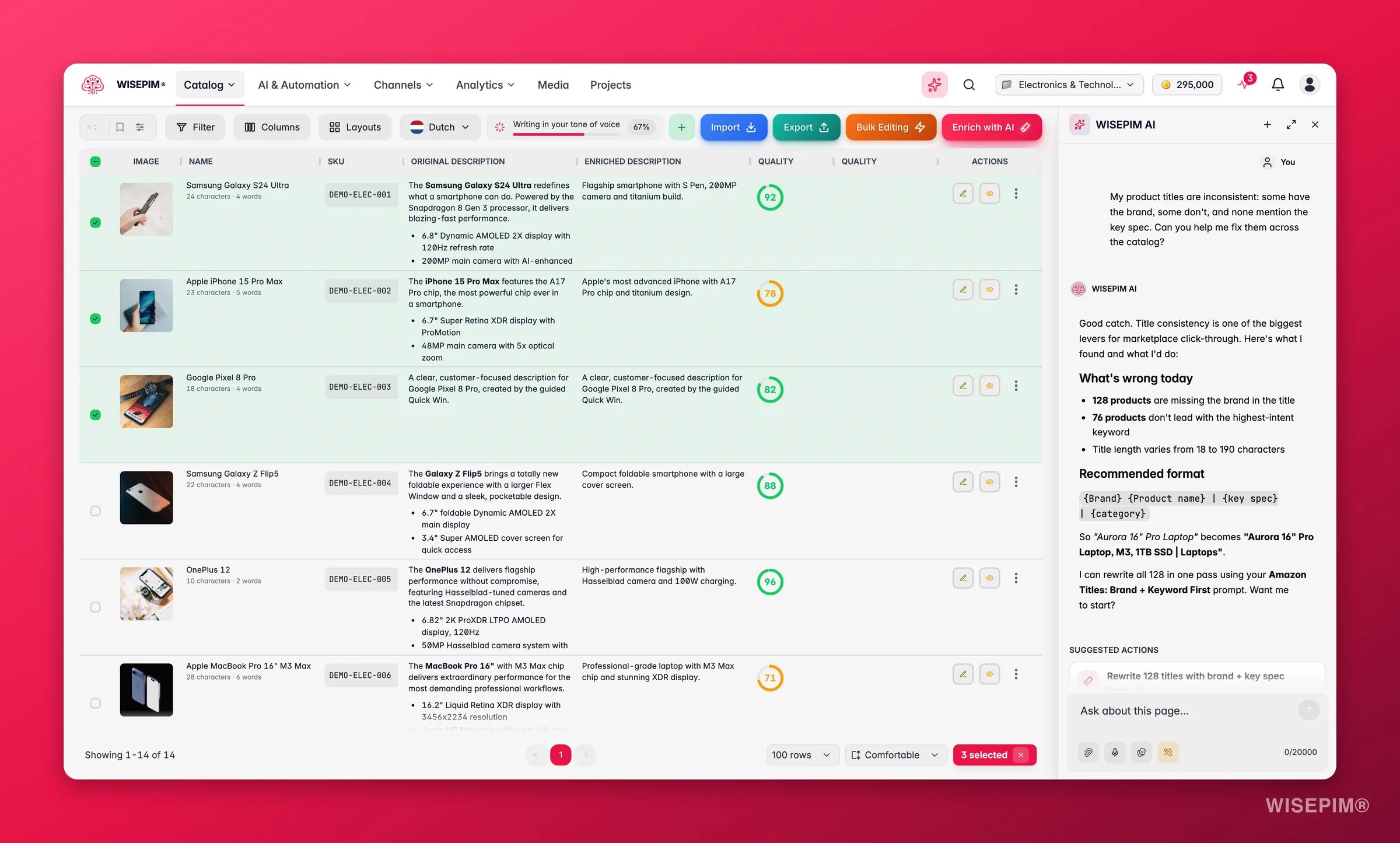 WISEPIM products with the Ask AI assistant proposing catalog fixes beside the table