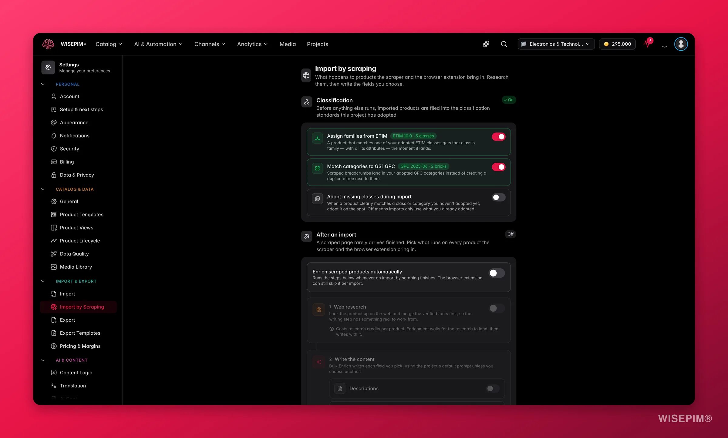WISEPIM import by scraping settings chaining web research and Bulk Enrich onto every product the scraper and browser extension bring in