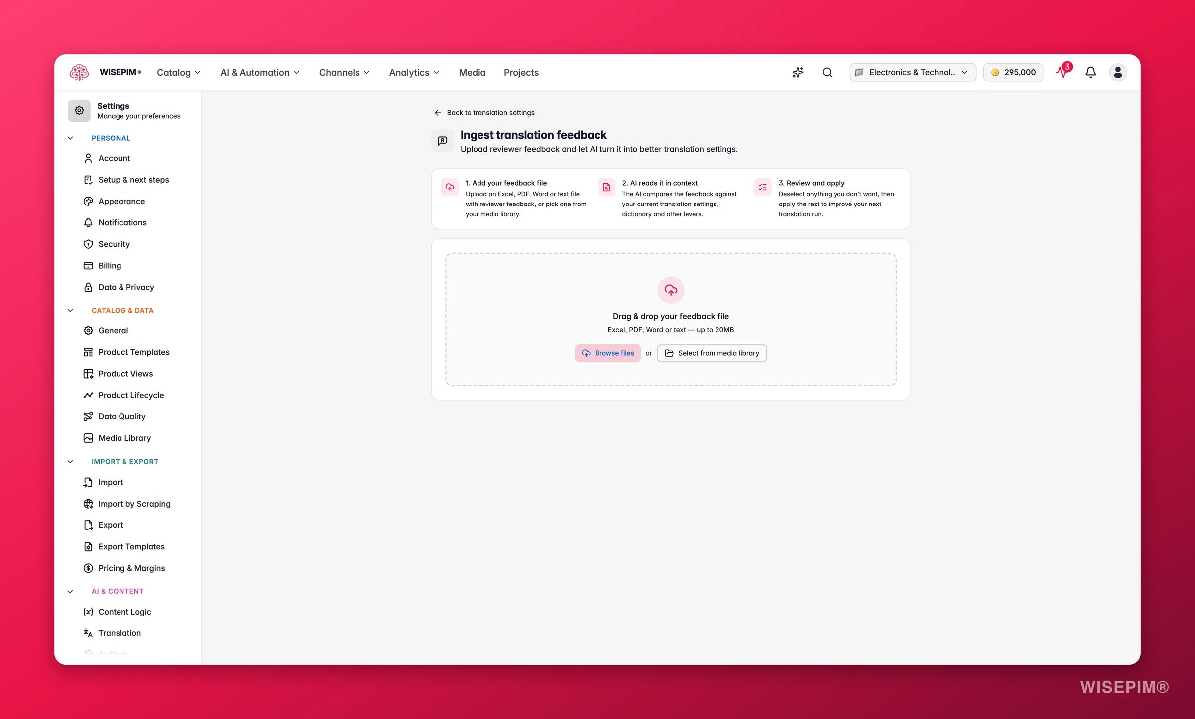 WISEPIM-Übersetzungsfeedback einlesen - eine Reviewer-Feedback-Datei als Excel, PDF, Word oder Text ablegen oder eine aus der Medienbibliothek wählen
