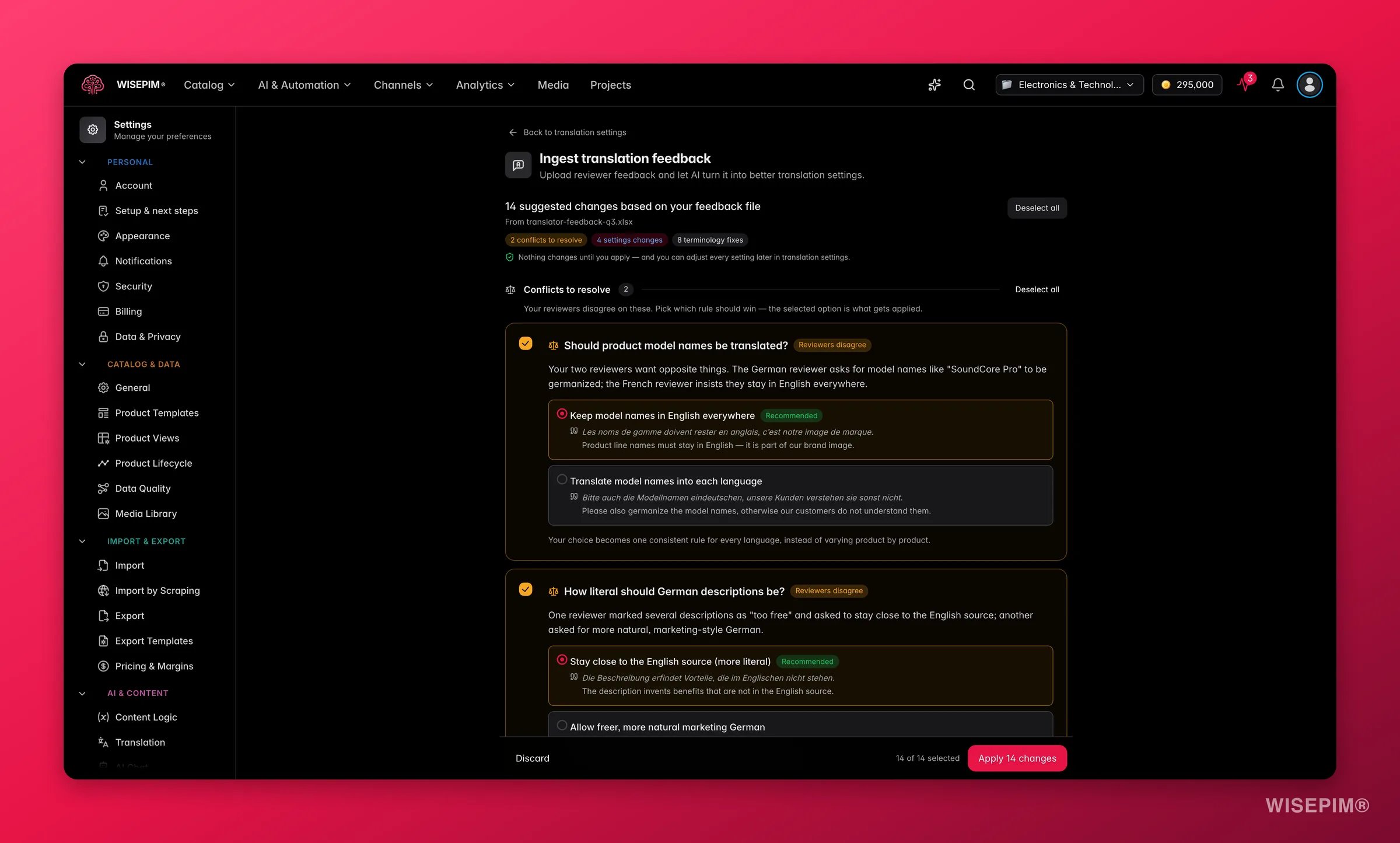 WISEPIM-Übersetzungsfeedback-Prüfung mit zu klärenden Reviewer-Konflikten, erklärten Einstellungsänderungen und gesammelten Terminologie-Korrekturen