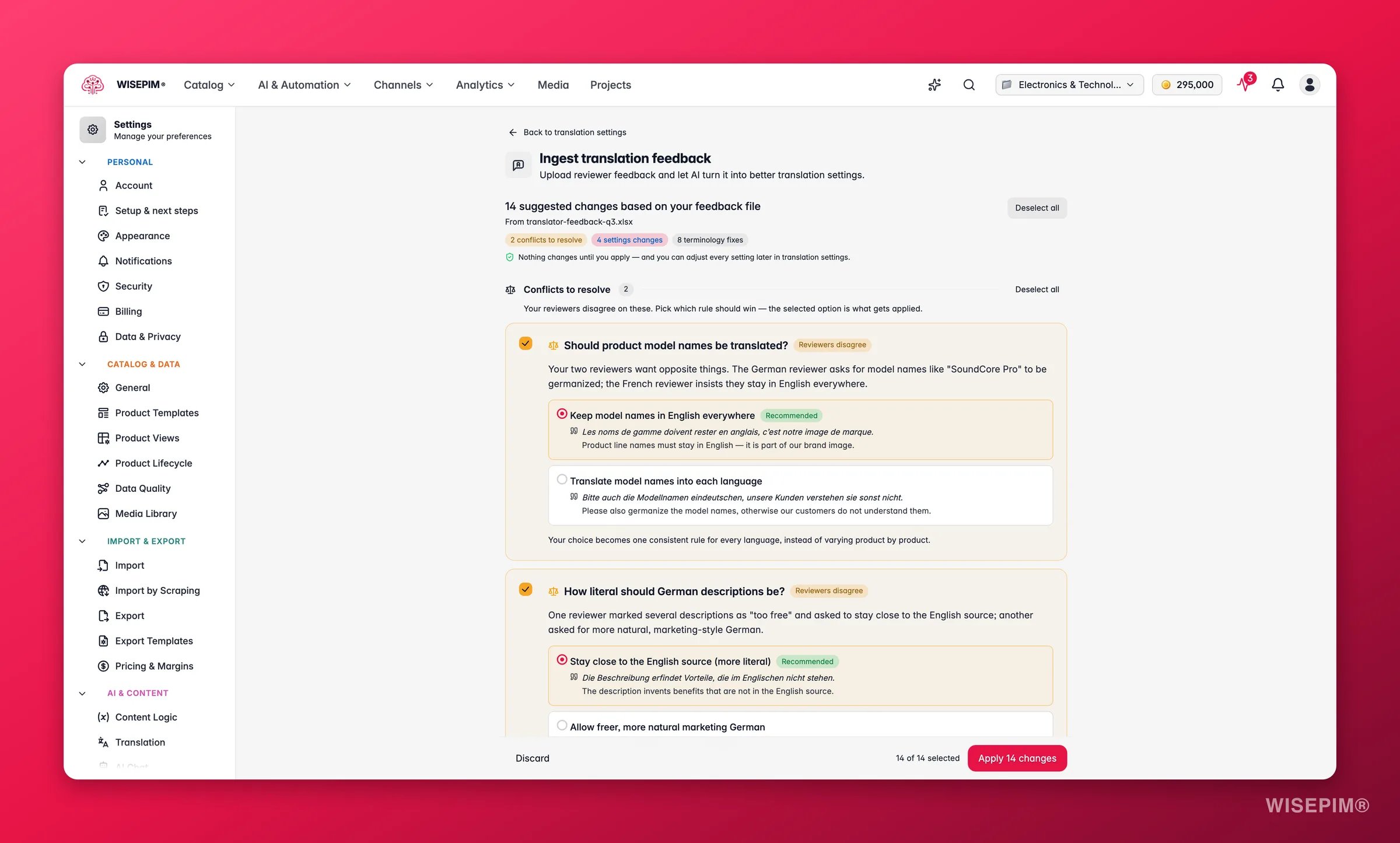 WISEPIM-Übersetzungsfeedback-Prüfung mit zu klärenden Reviewer-Konflikten, erklärten Einstellungsänderungen und gesammelten Terminologie-Korrekturen