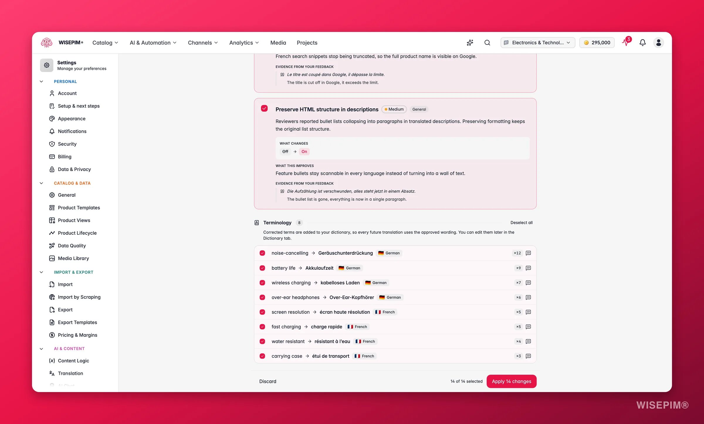 WISEPIM-Übersetzungsfeedback-Terminologie-Korrekturen - korrigierte Begriffspaare pro Sprache mit der Häufigkeit, mit der Reviewer sie angesprochen haben