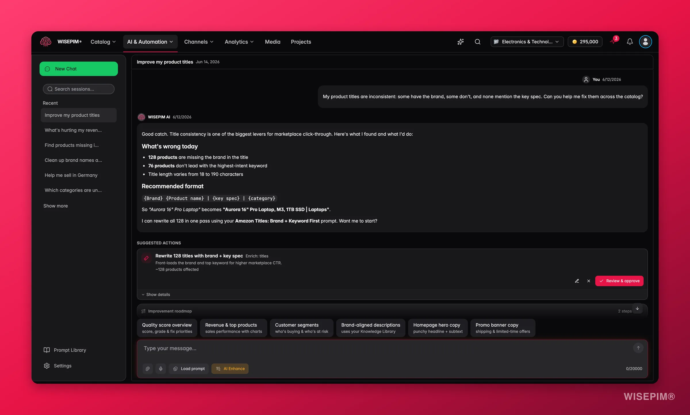 WISEPIM AI Chat diagnosing inconsistent product titles and proposing a one-click fix across the catalog