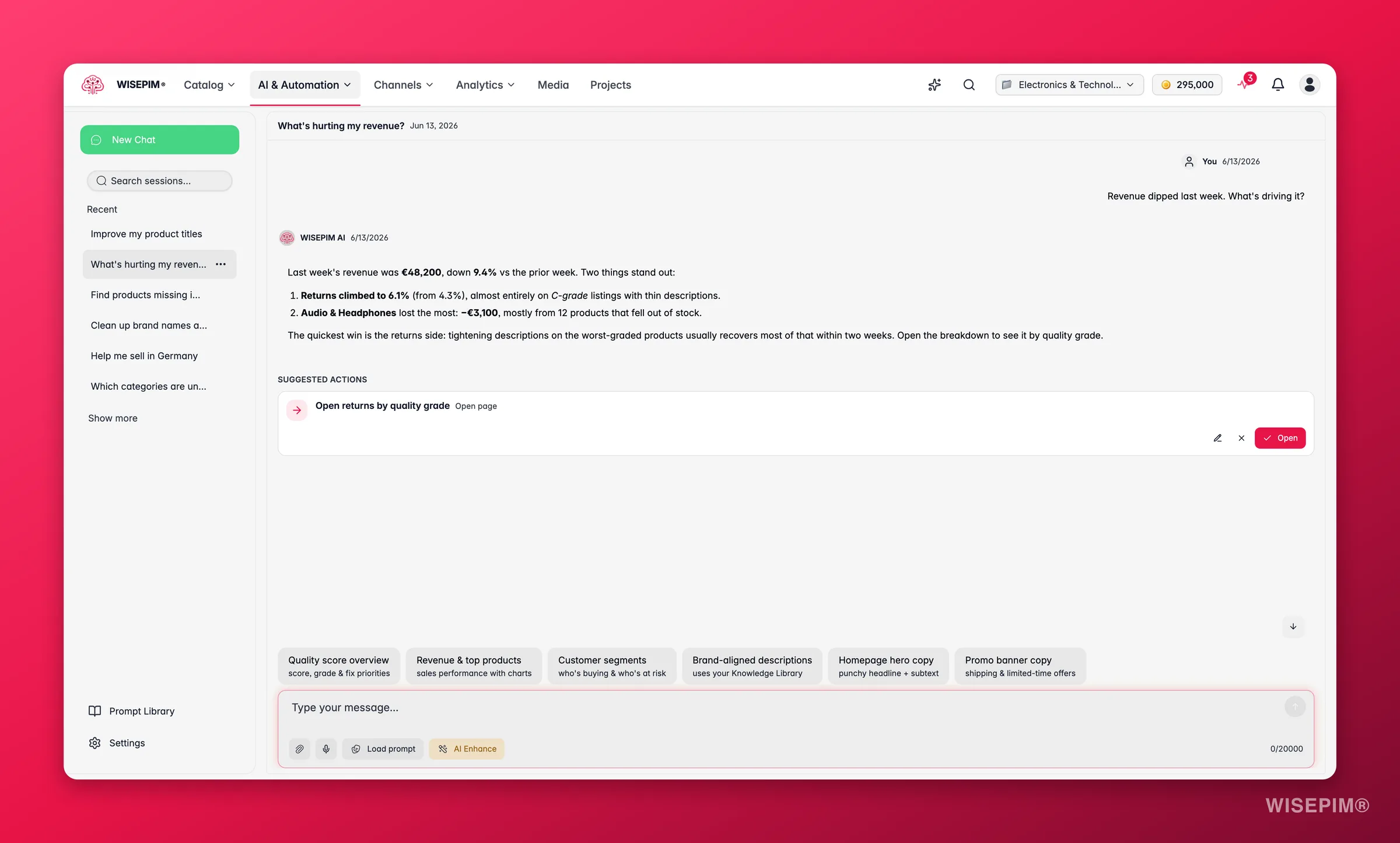 WISEPIM AI Chat explaining a weekly revenue dip, naming the drivers, and linking to the returns breakdown
