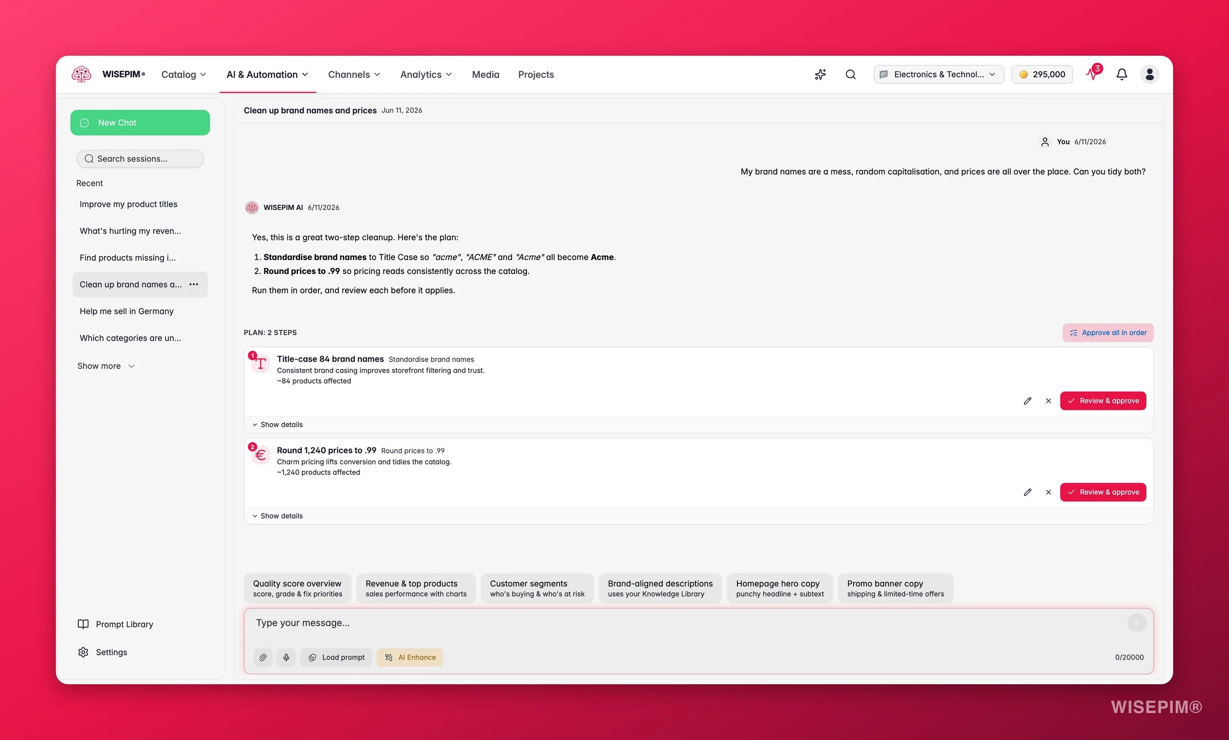 WISEPIM AI Chat proposing a two-step plan to title-case brand names and round prices, each step separately approvable