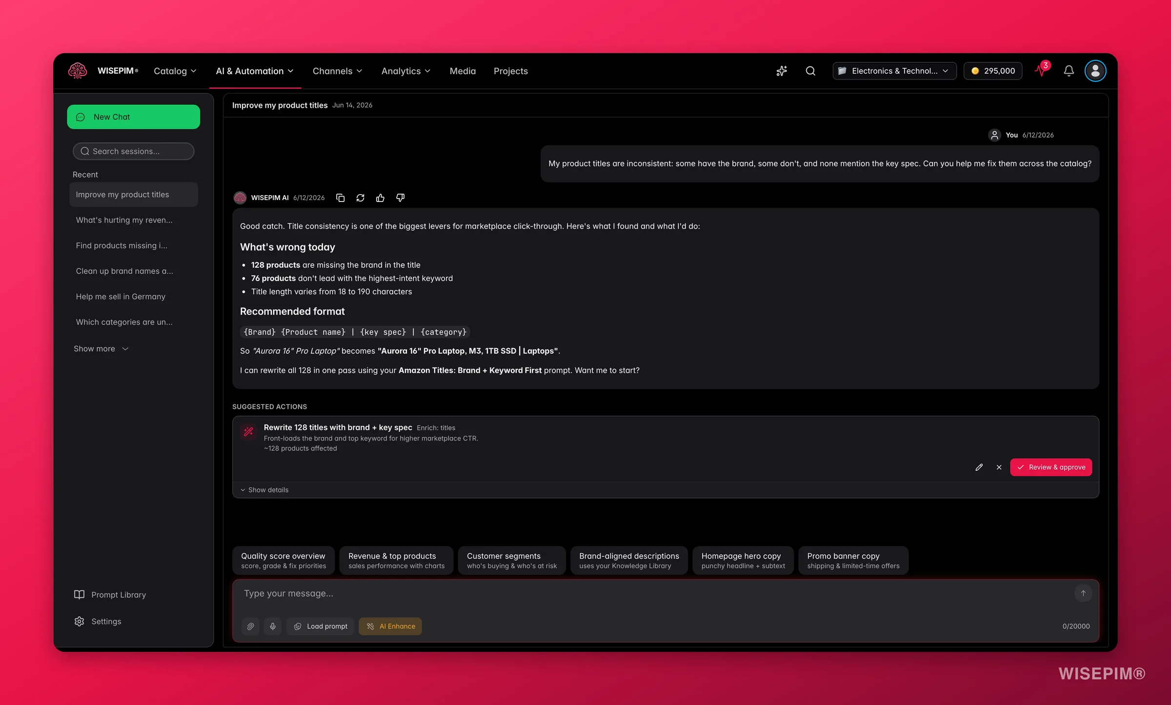 WISEPIM AI Chat diagnosing inconsistent product titles and proposing a one-click fix across the catalog