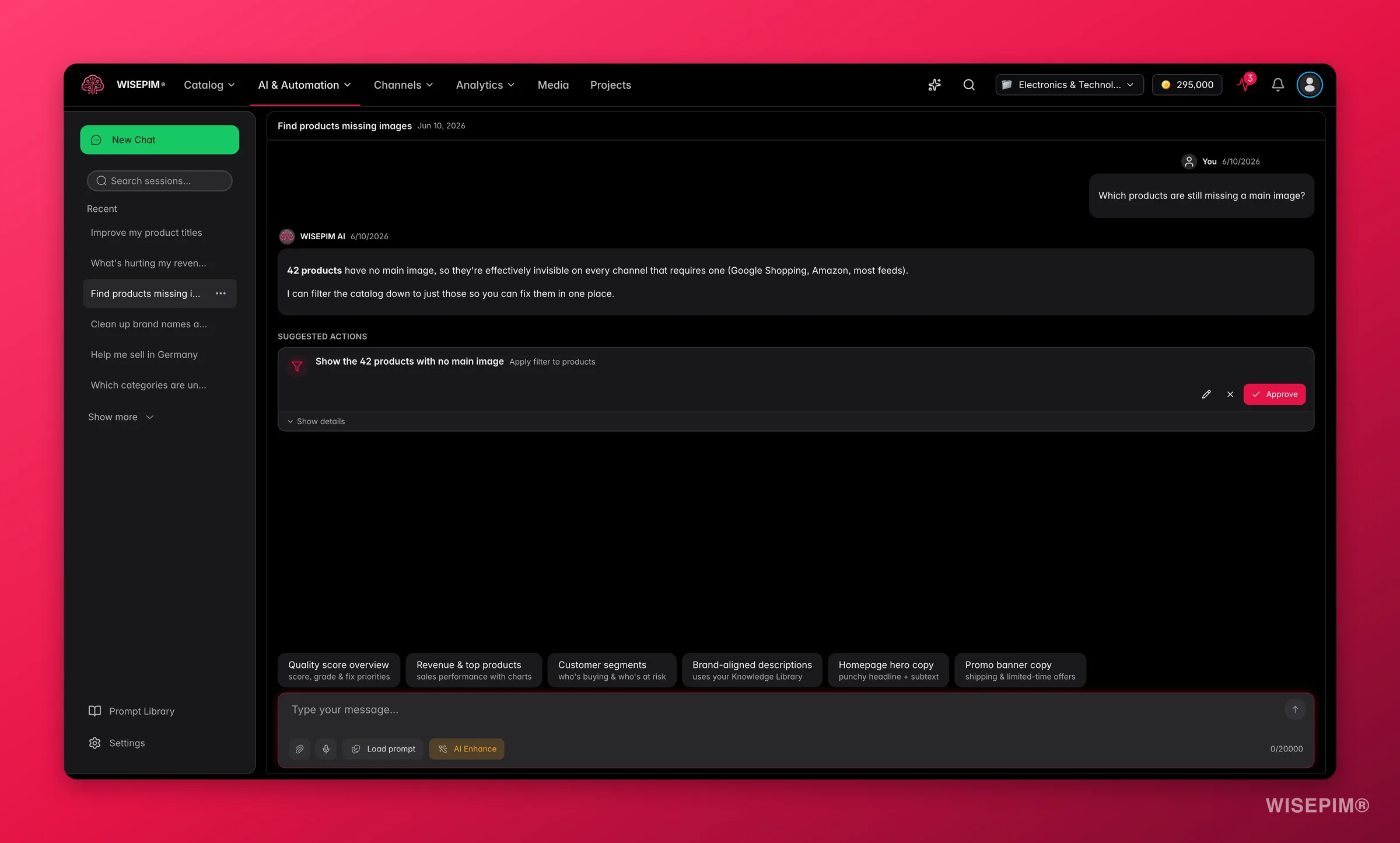 WISEPIM AI Chat finding 42 products with no main image and proposing a one-click filter to show just those products