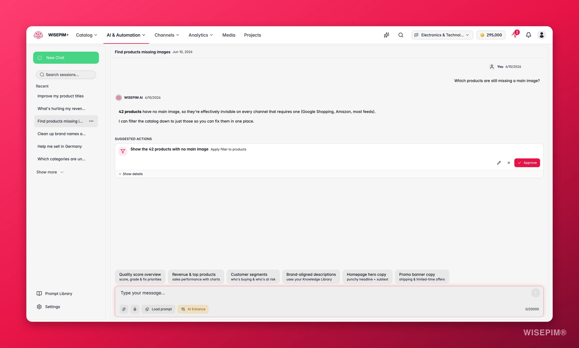 WISEPIM AI Chat finding 42 products with no main image and proposing a one-click filter to show just those products