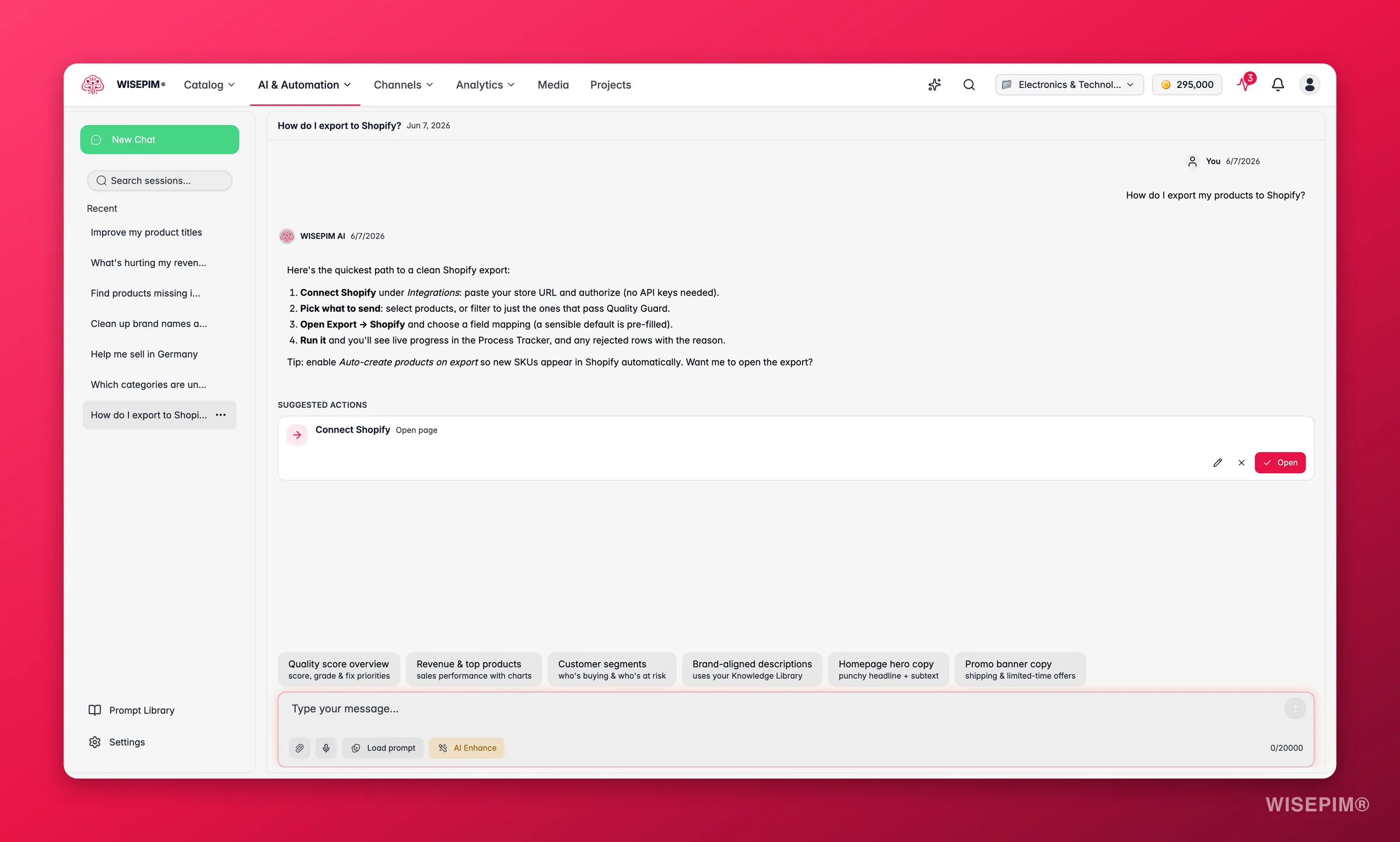 WISEPIM Ask AI giving step-by-step guidance on exporting to Shopify