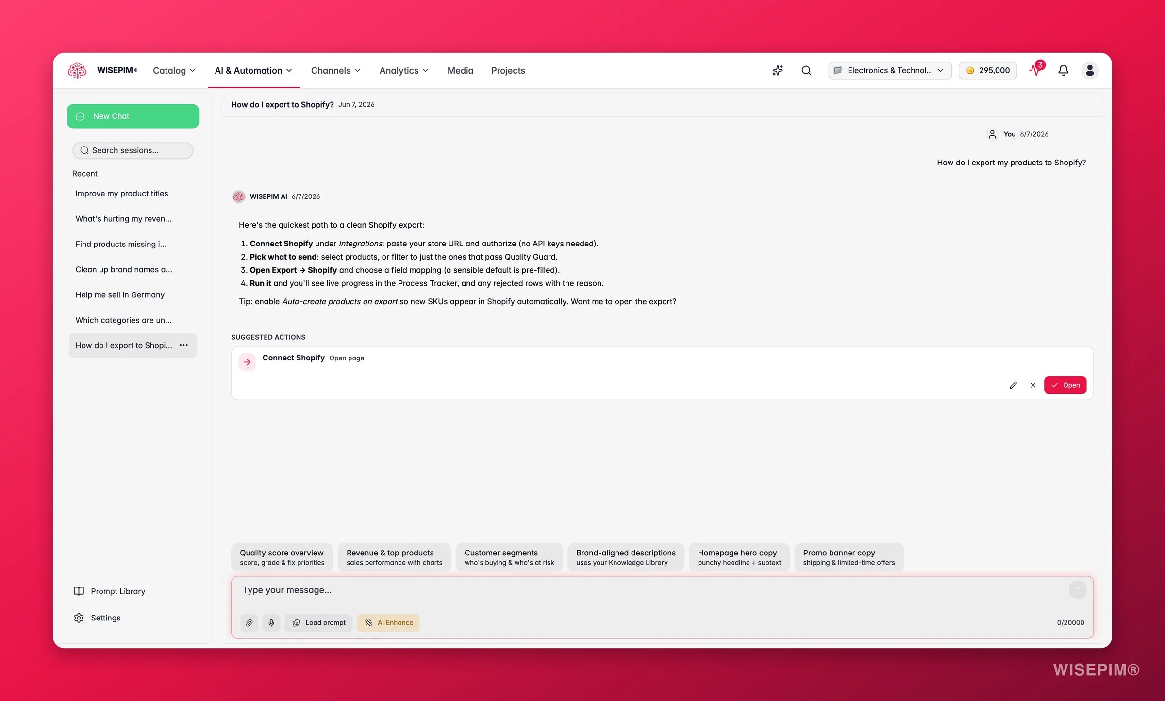 WISEPIM Ask AI giving step-by-step guidance on exporting to Shopify
