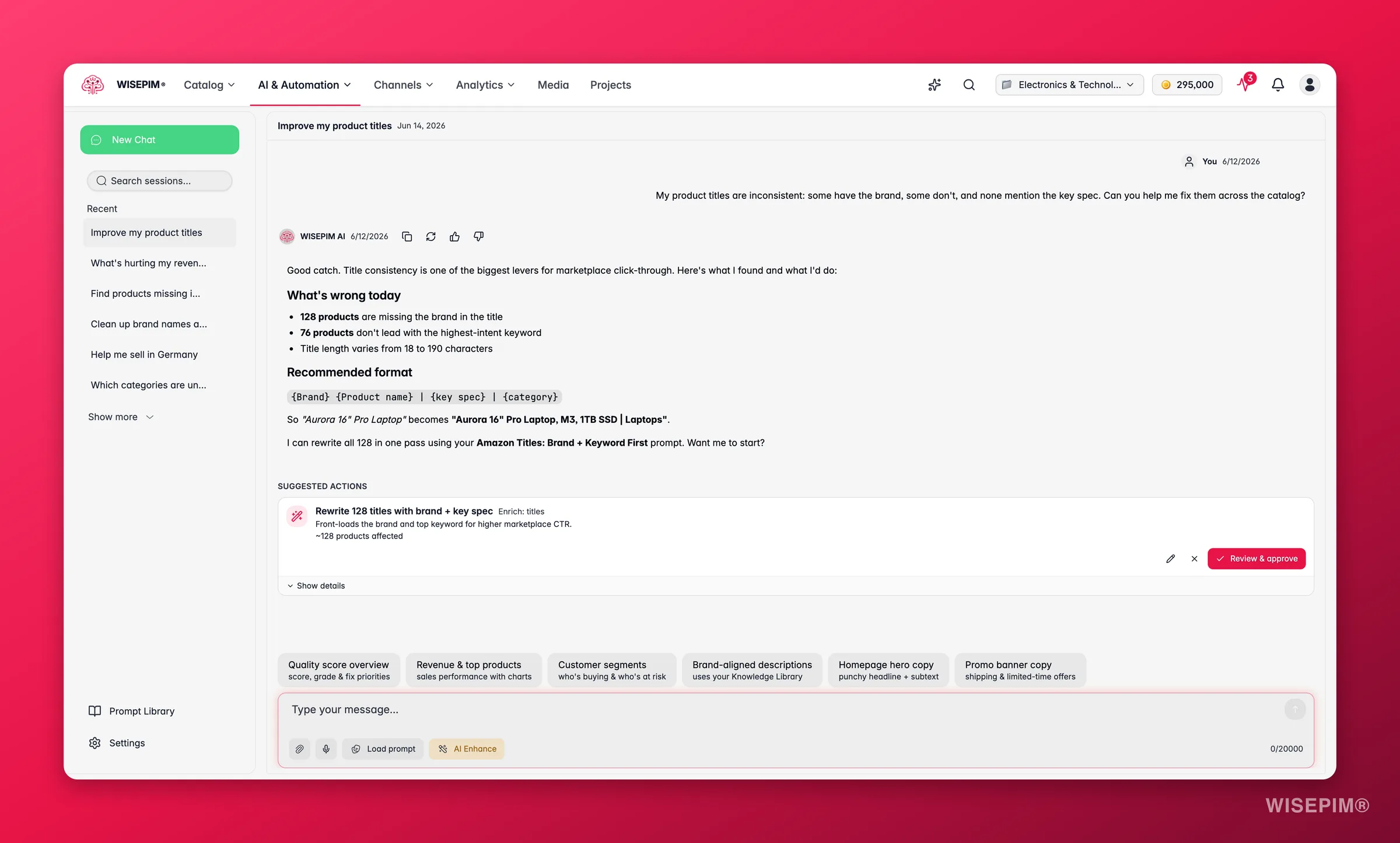WISEPIM AI Chat diagnosing inconsistent product titles and proposing a one-click fix across the catalog