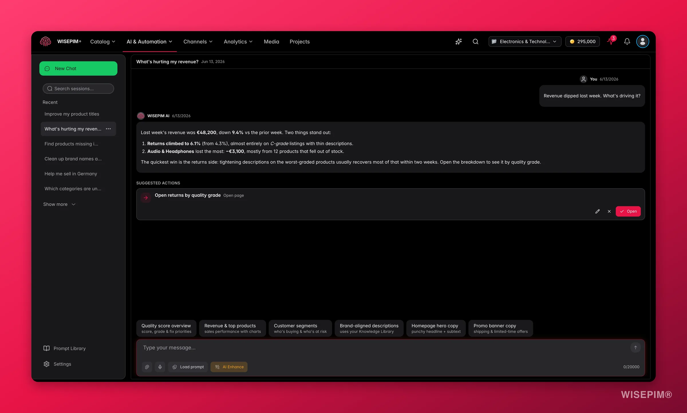 WISEPIM AI Chat explaining a weekly revenue dip, naming the drivers, and linking to the returns breakdown