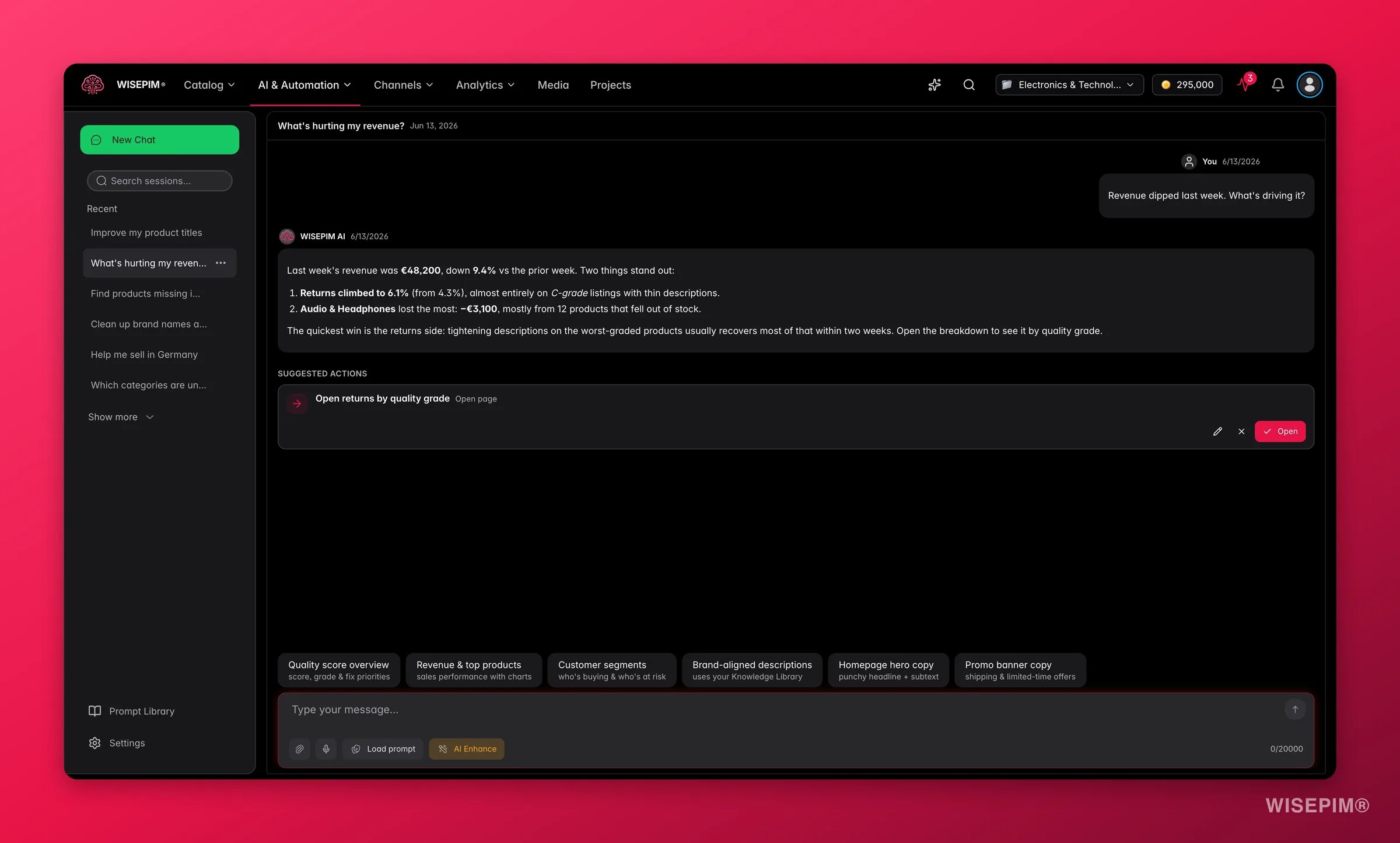 WISEPIM AI Chat explaining a weekly revenue dip, naming the drivers, and linking to the returns breakdown