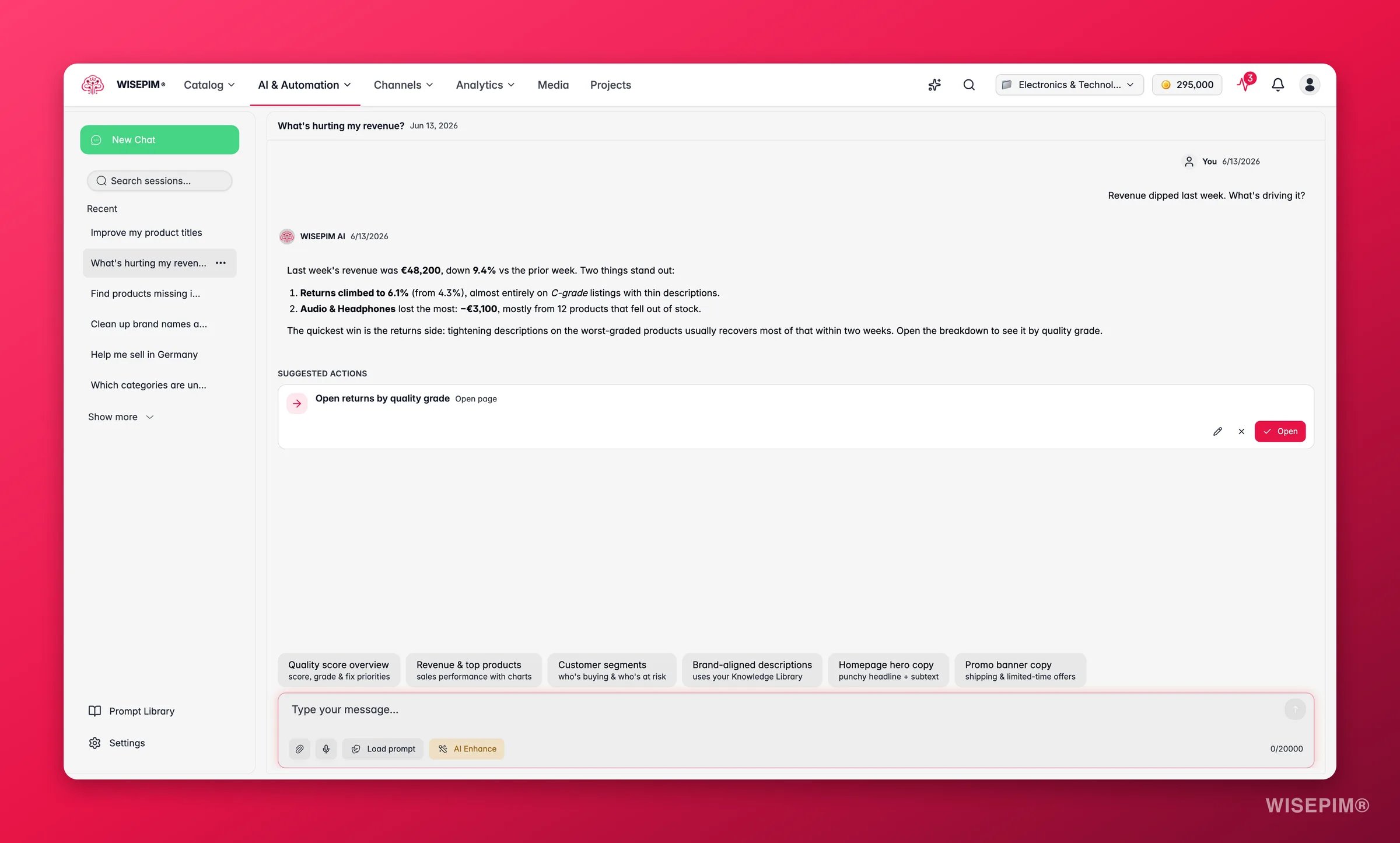 WISEPIM AI Chat explaining a weekly revenue dip, naming the drivers, and linking to the returns breakdown