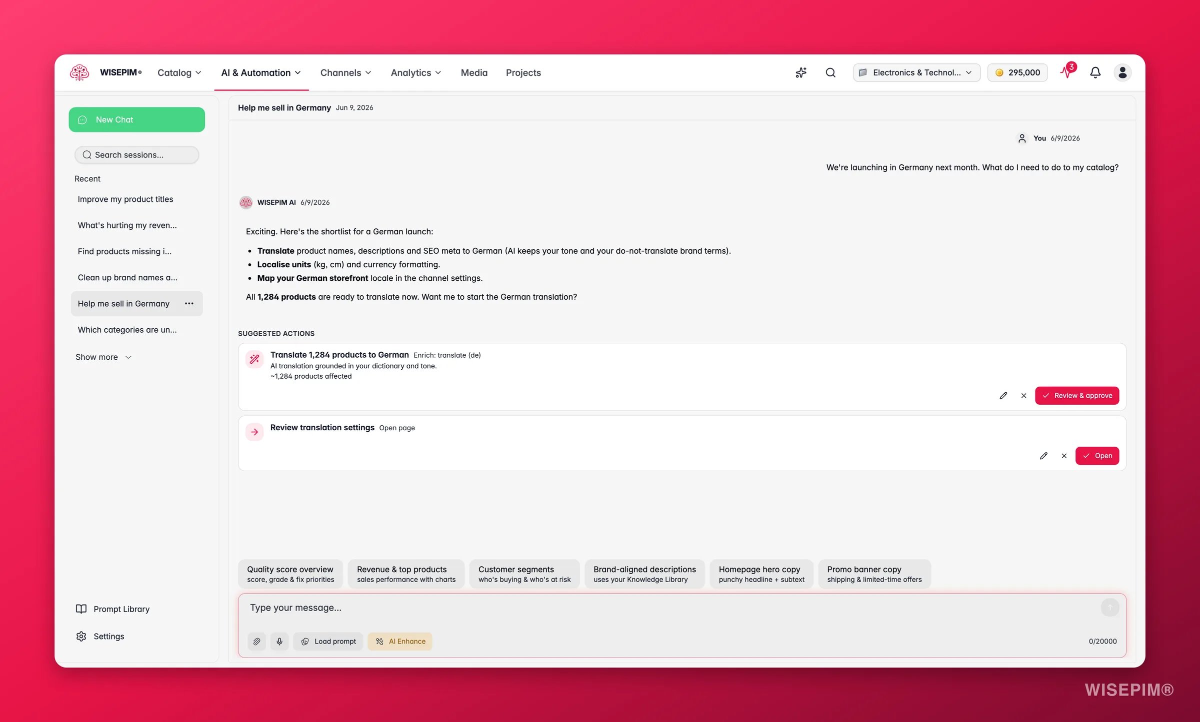 WISEPIM AI Chat proposing to translate 1,284 products to German and to open the translation settings