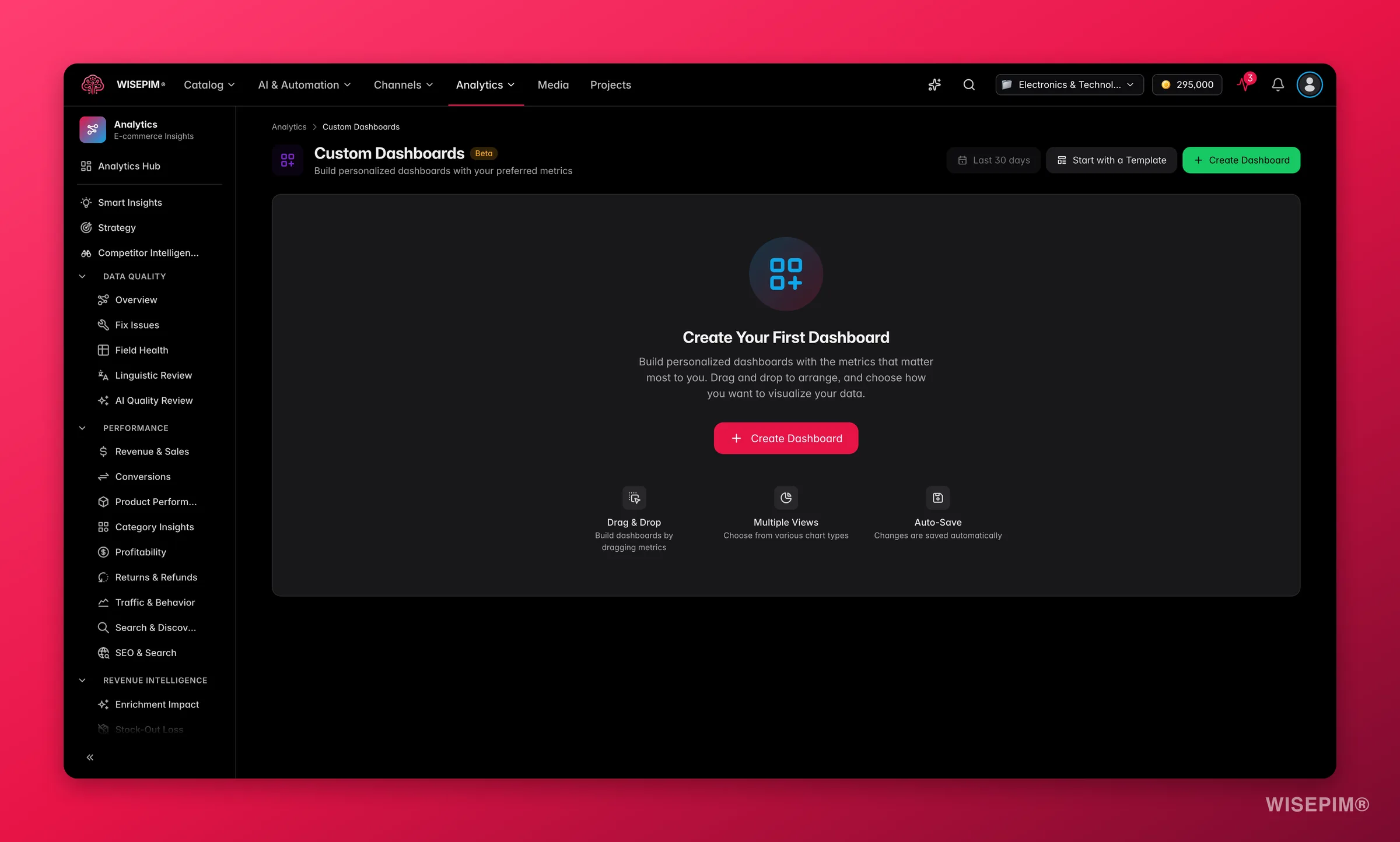 WISEPIM custom analytics dashboards built from catalog and revenue widgets