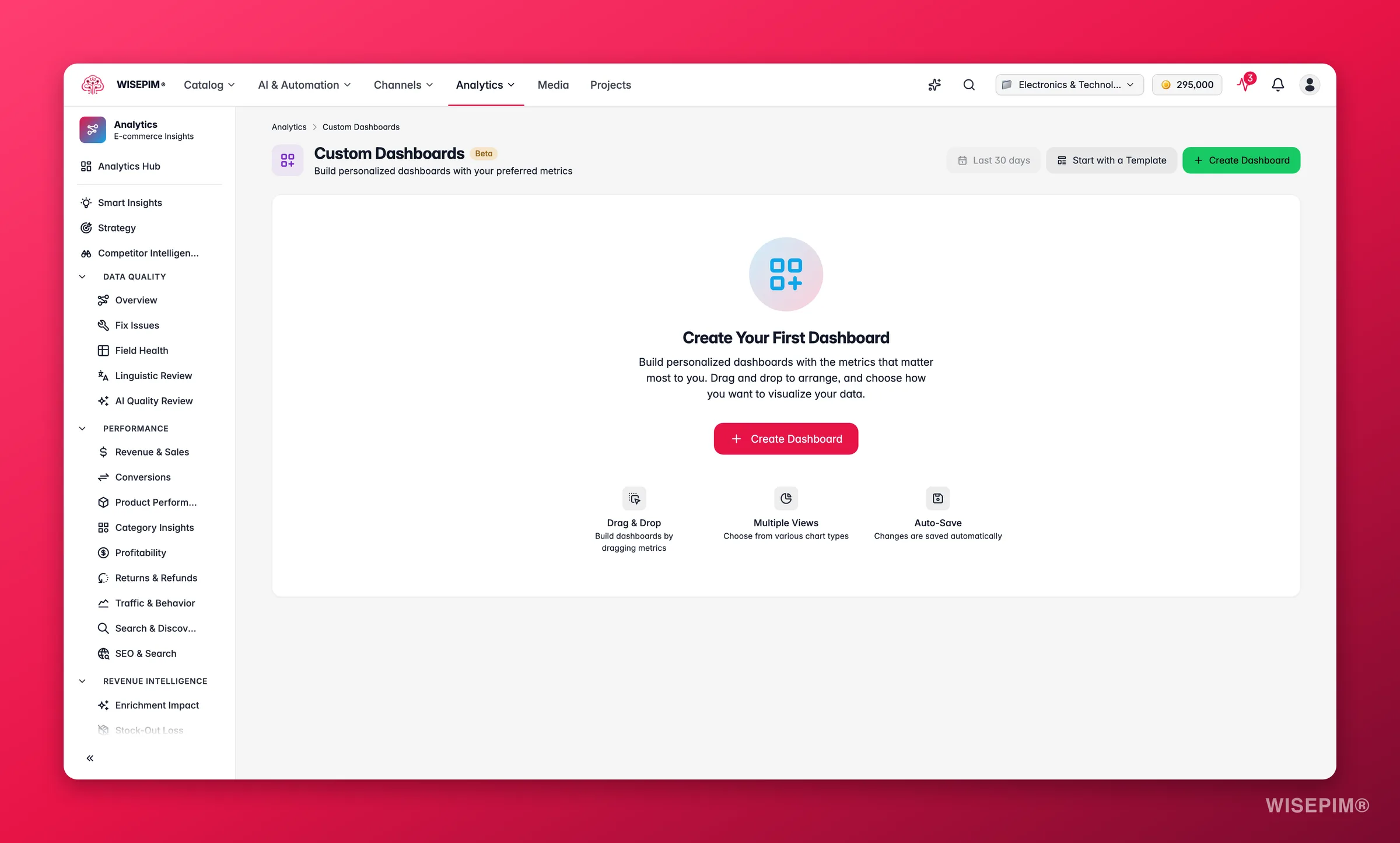 WISEPIM custom analytics dashboards built from catalog and revenue widgets