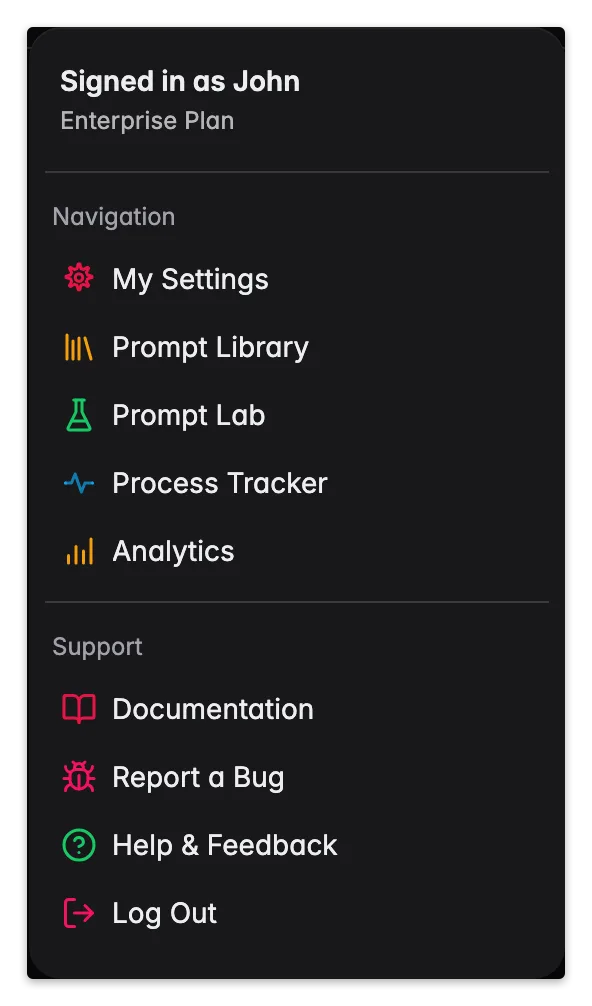 WISEPIM account menu with the Documentation shortcut under Support