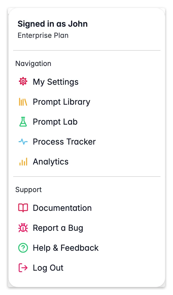 WISEPIM account menu with the Documentation shortcut under Support