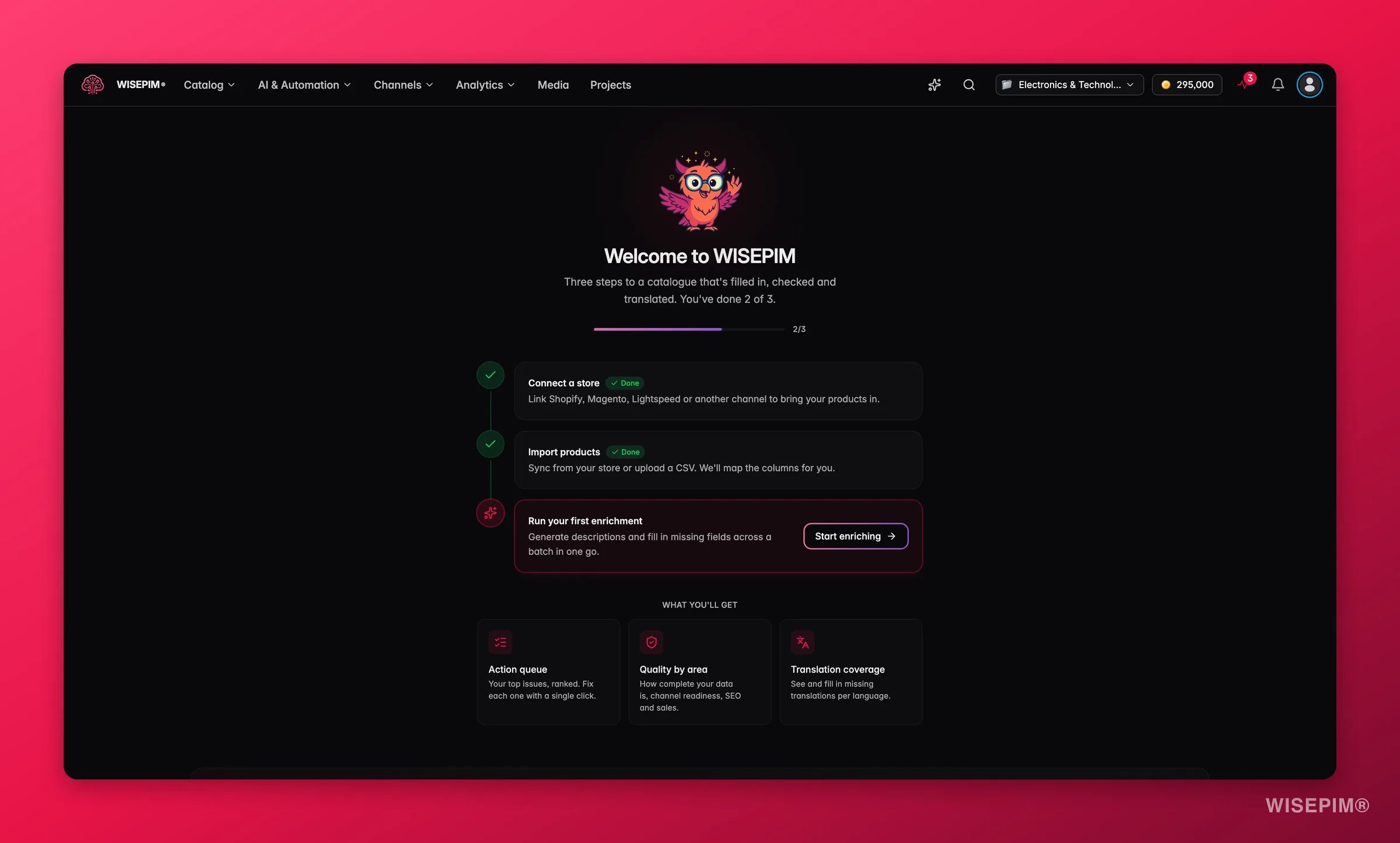 WISEPIM overview dashboard with catalog health, activity and quick actions