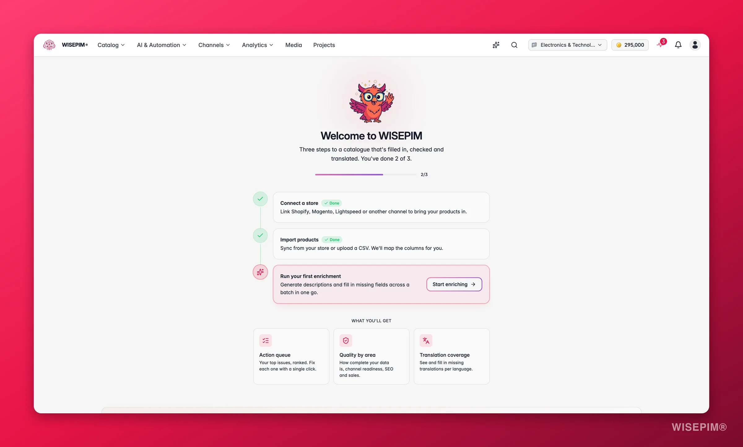 WISEPIM overview dashboard with catalog health, activity and quick actions