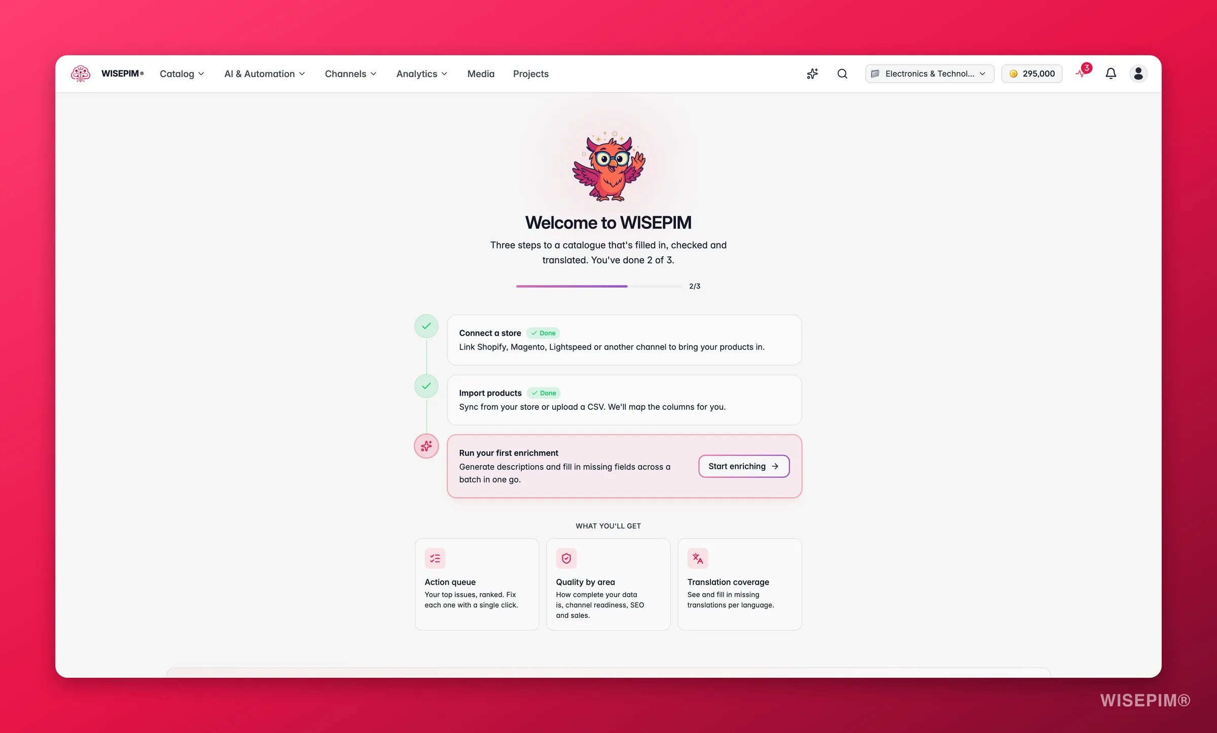WISEPIM overview dashboard with catalog health, activity and quick actions