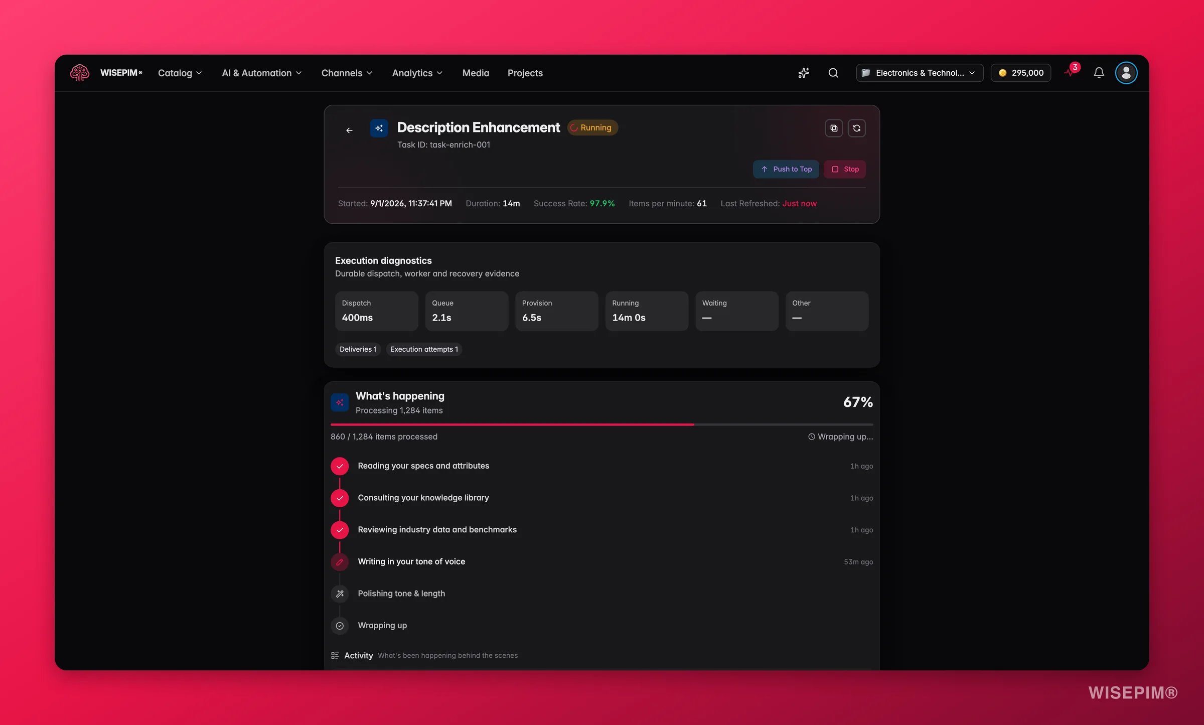 WISEPIM process tracker task detail with live enrichment progress and item-level results