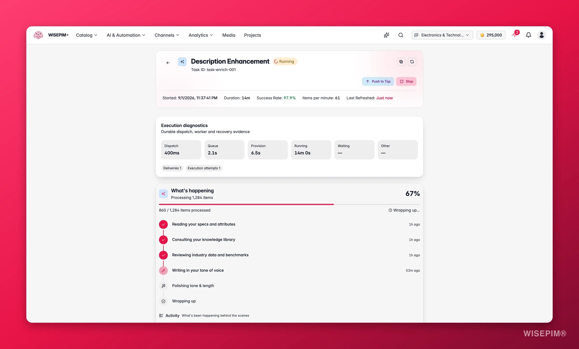 WISEPIM process tracker task detail with live enrichment progress and item-level results