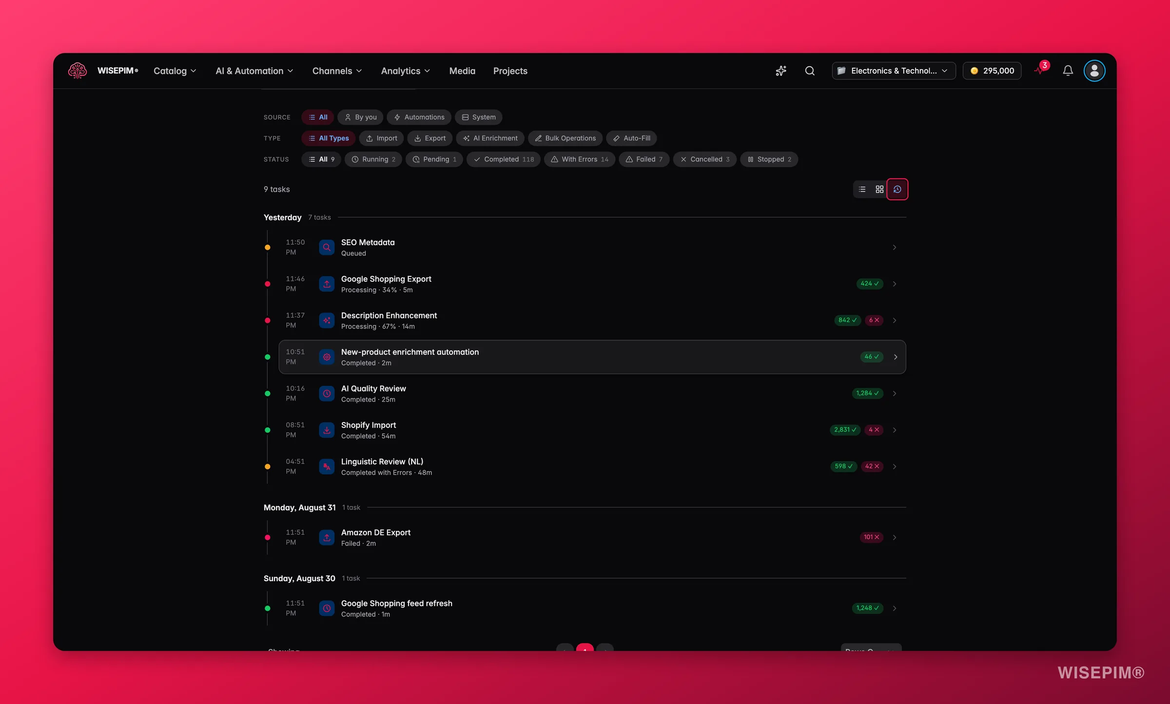 Timeline-Ansicht des WISEPIM Process Trackers mit Filtern für Quelle, Typ und Status