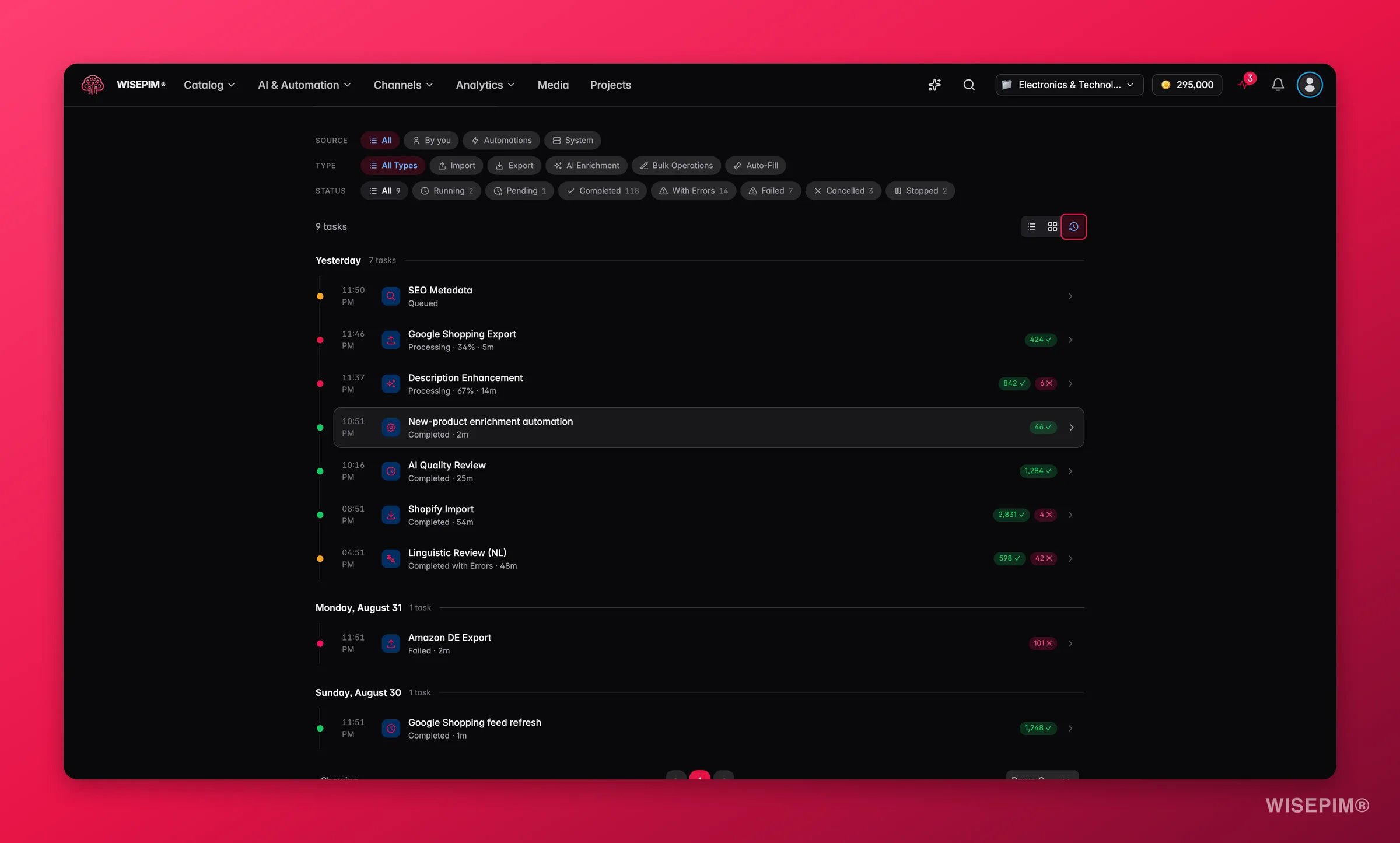 Timeline-Ansicht des WISEPIM Process Trackers mit Filtern für Quelle, Typ und Status