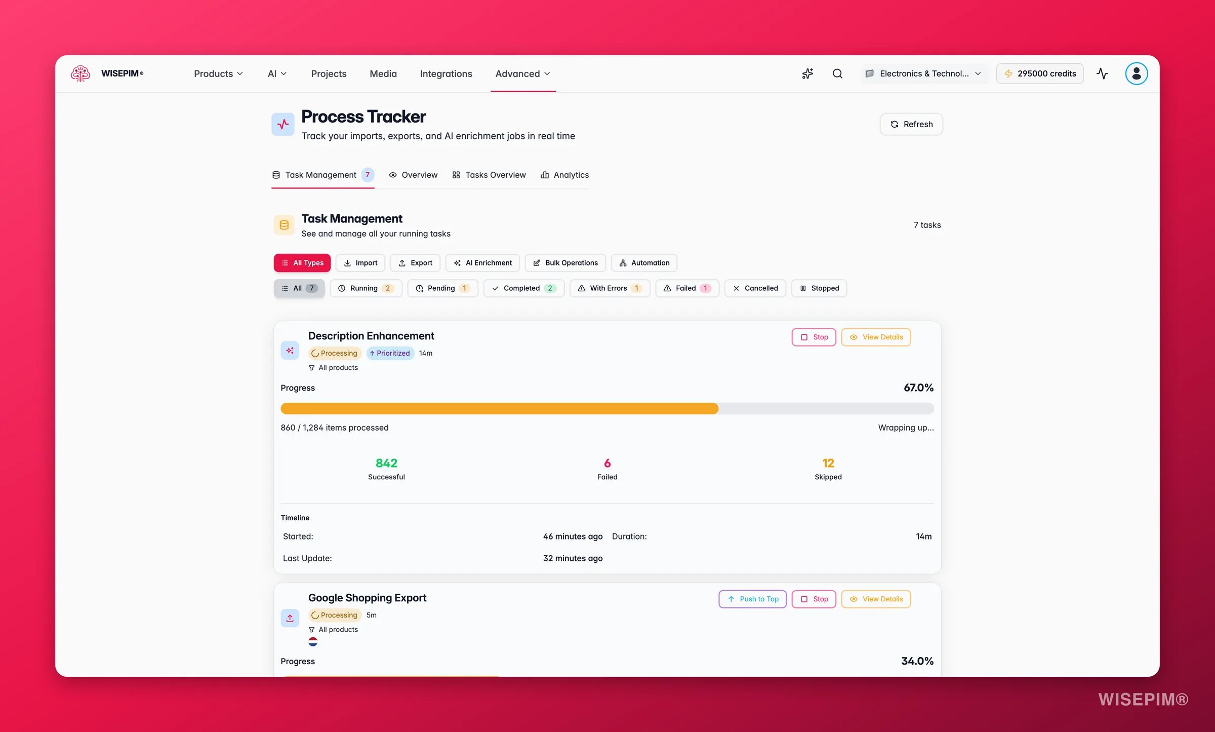 WISEPIM process tracker with live import, export and enrichment tasks