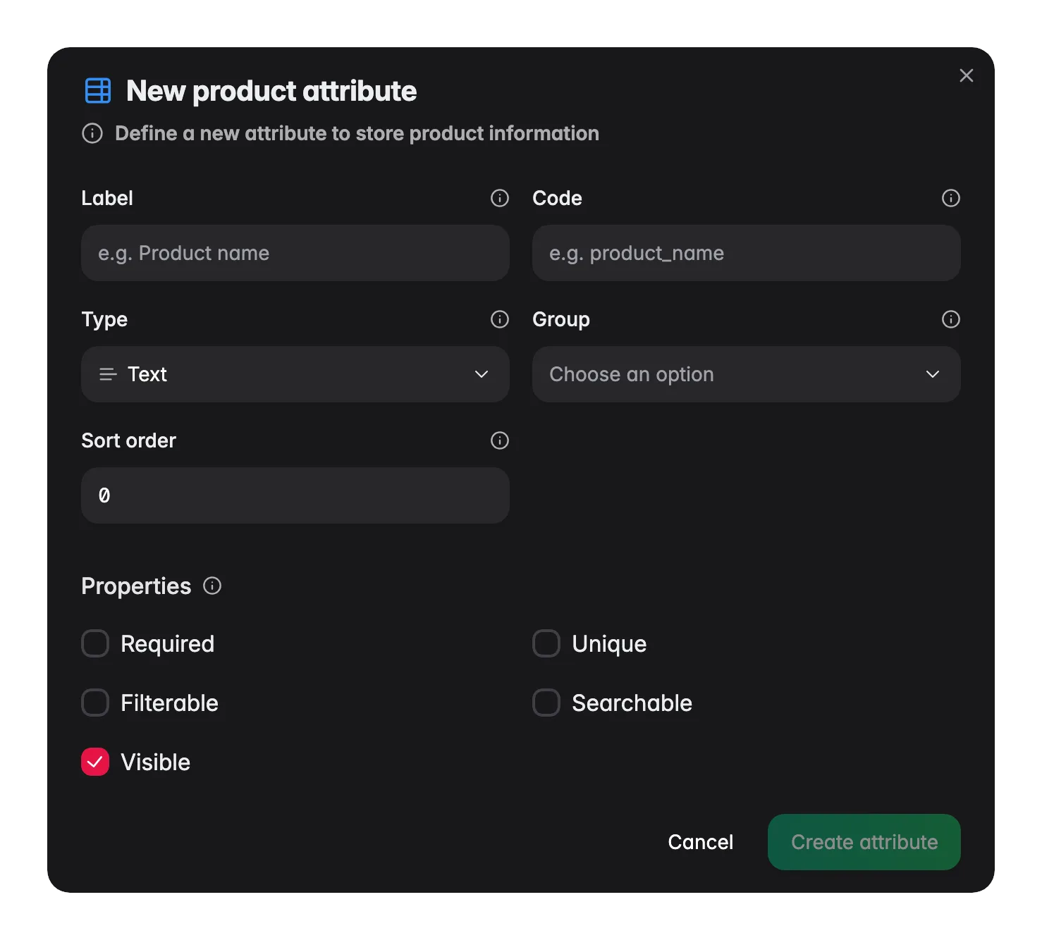 WISEPIM new attribute modal with label, code, type and required/filterable/searchable options